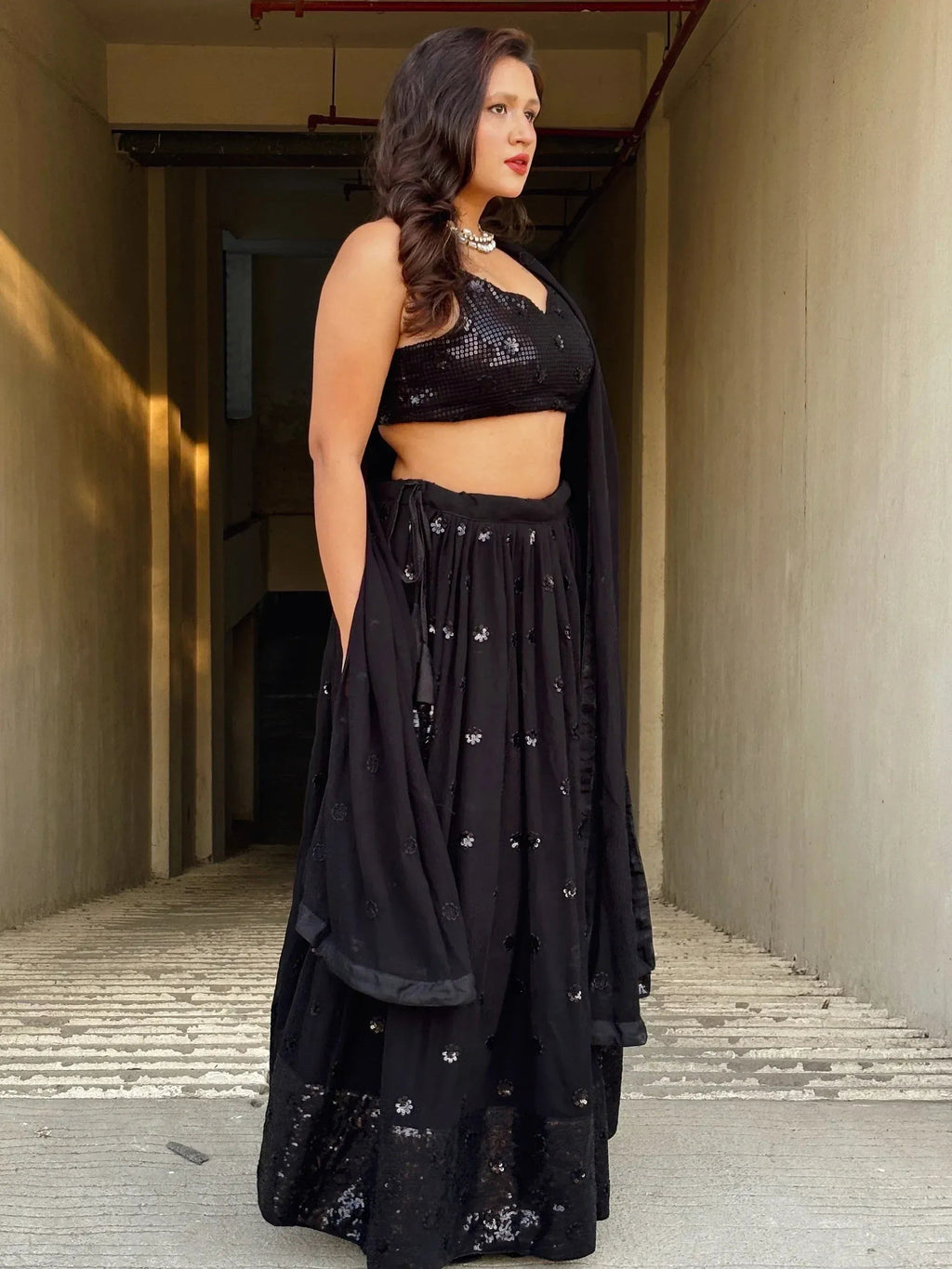 Tulsi Art Wonderful Black Sequins Georgette Reception Wear Lehenga Choli | Grocsy