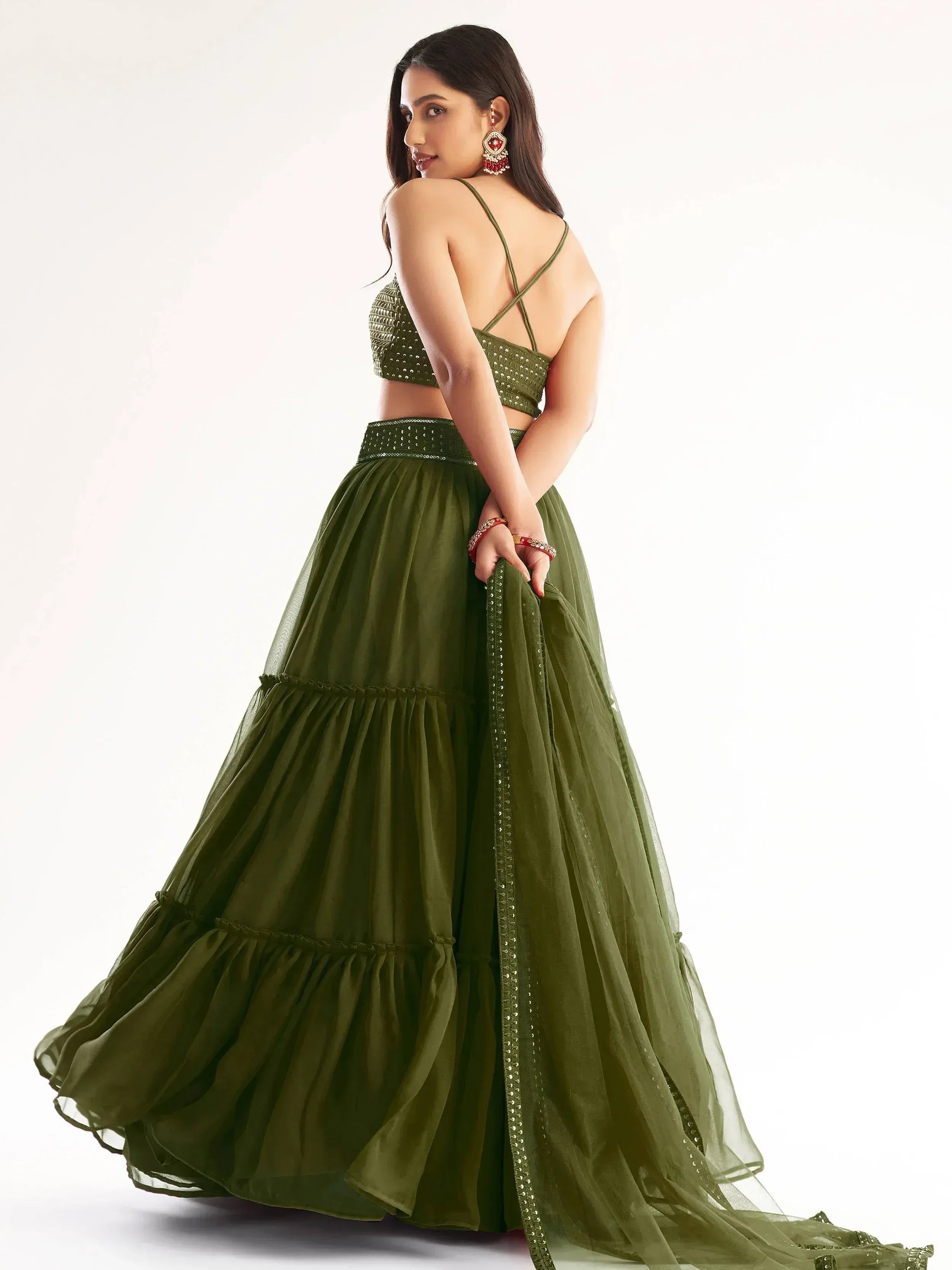Tulsi Art Precious Mehendi Green Georgette Lehenga Choli With Net Dupatta | Grocsy
