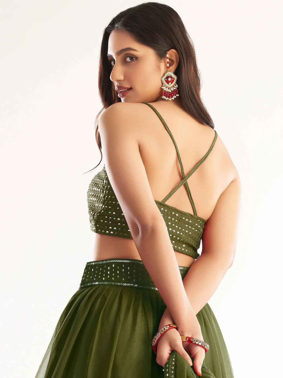 Tulsi Art Precious Mehendi Green Georgette Lehenga Choli With Net Dupatta | Grocsy