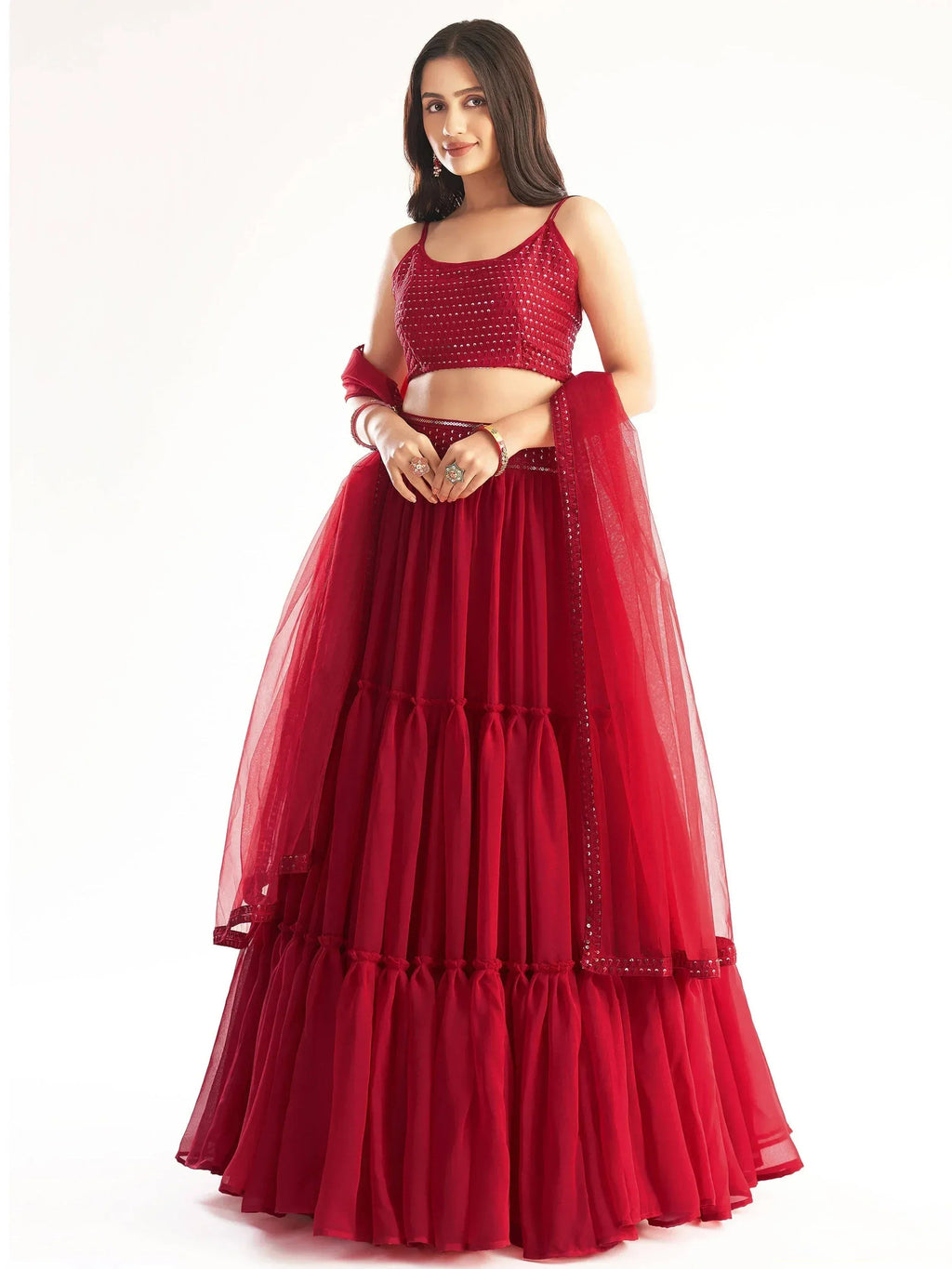 Tulsi Art Delightful Red Georgette Party Wear Lehenga Choli With Dupatta | Grocsy