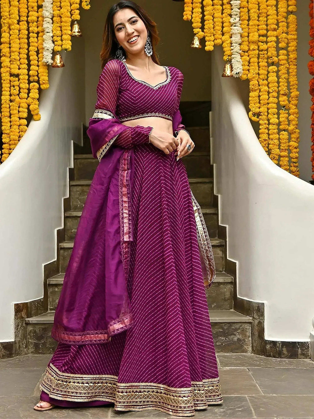 Tulsi Art Sweet Purple Leheriya Printed Georgette Wedding Wear Lehenga Choli | Grocsy