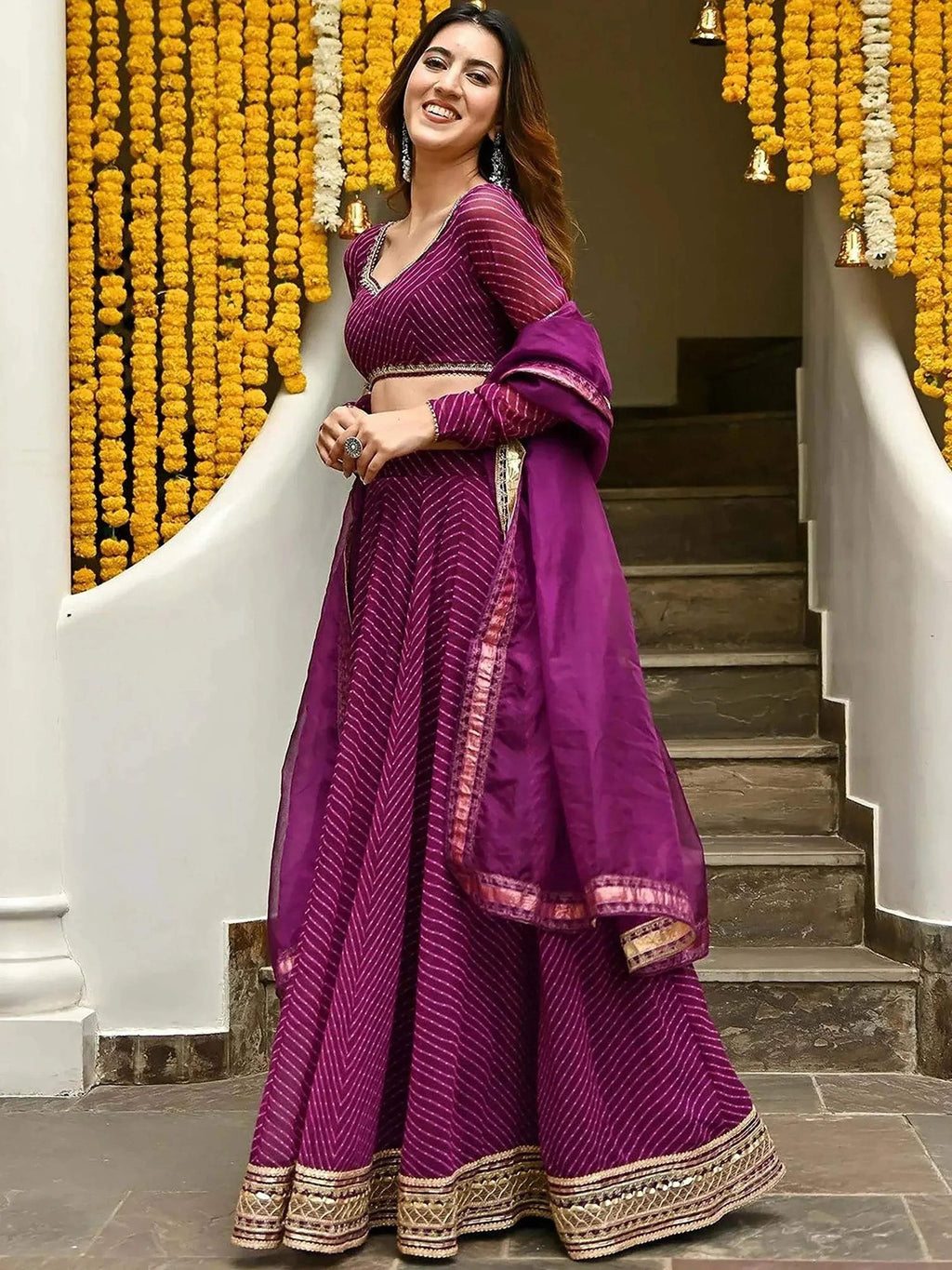 Tulsi Art Sweet Purple Leheriya Printed Georgette Wedding Wear Lehenga Choli | Grocsy