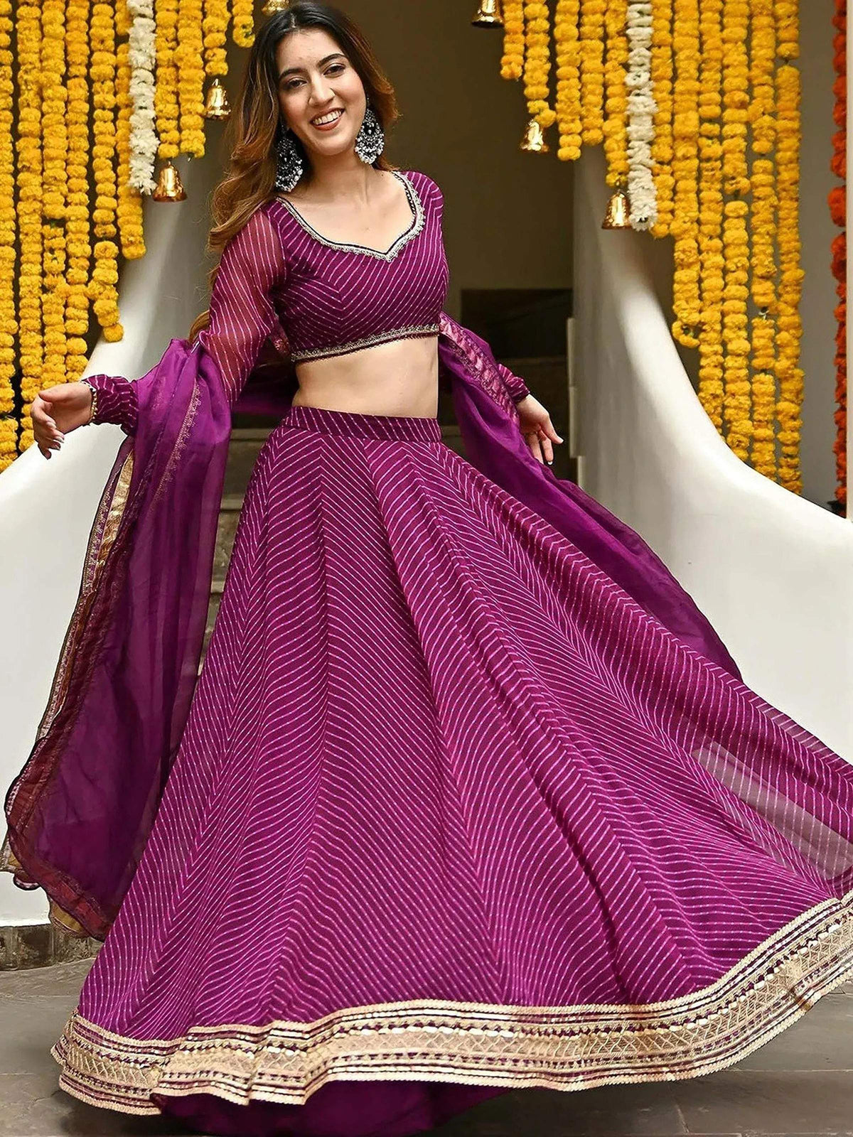 Tulsi Art Sweet Purple Leheriya Printed Georgette Wedding Wear Lehenga Choli | Grocsy