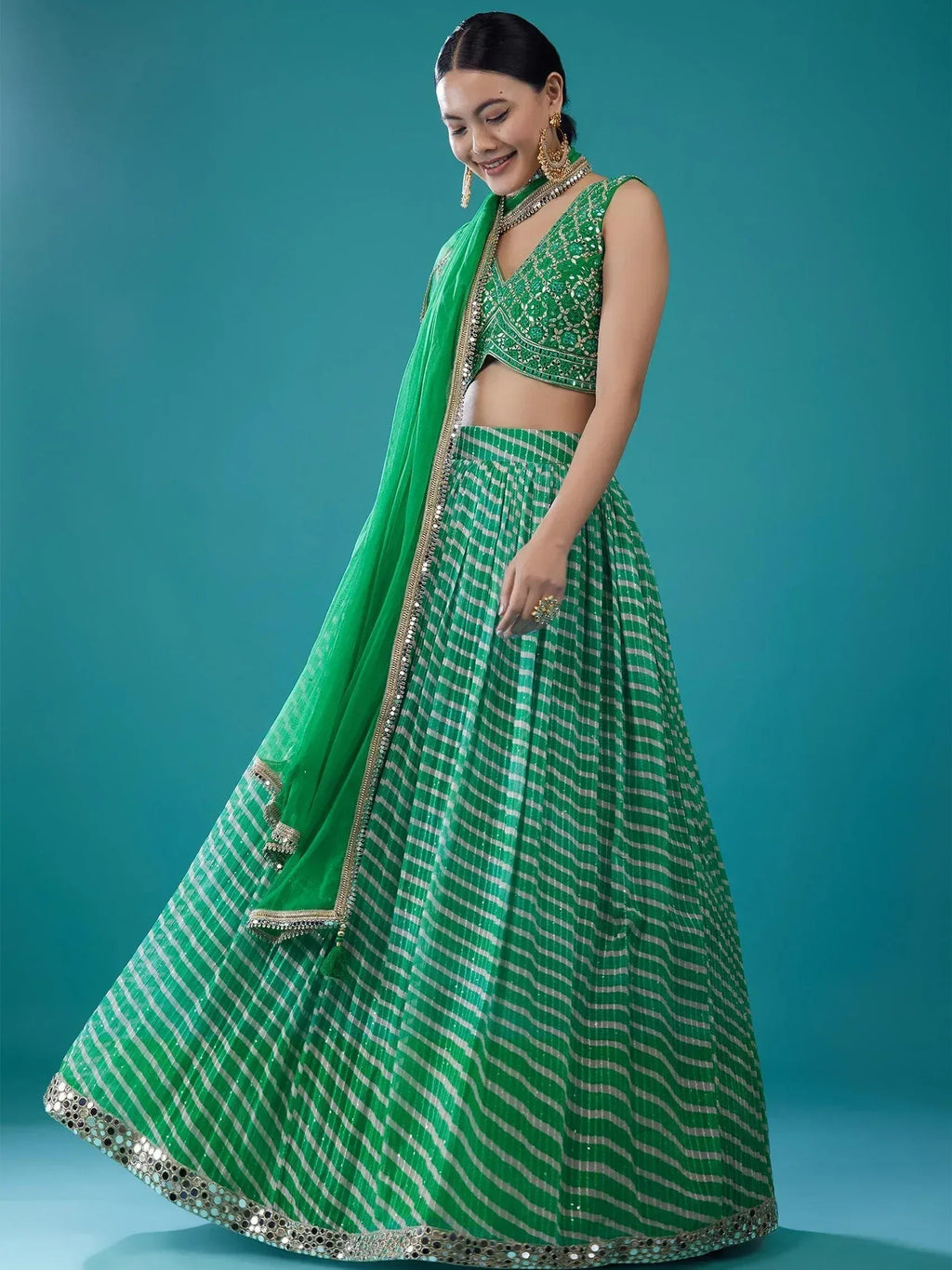 Tulsi Art Alluring Green Digital Printed Organza Festival Wear Lehenga Choli | Grocsy
