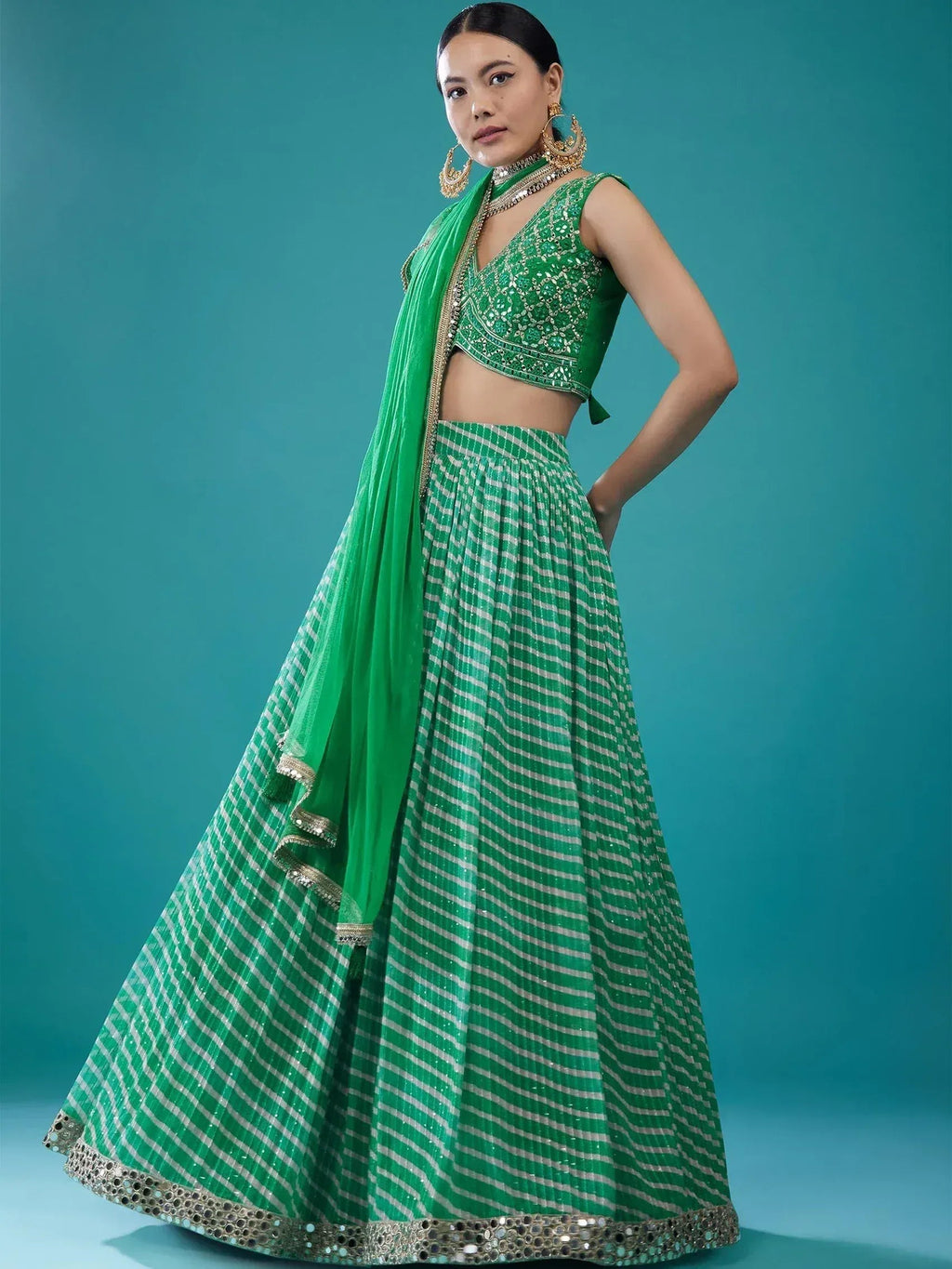 Tulsi Art Alluring Green Digital Printed Organza Festival Wear Lehenga Choli | Grocsy