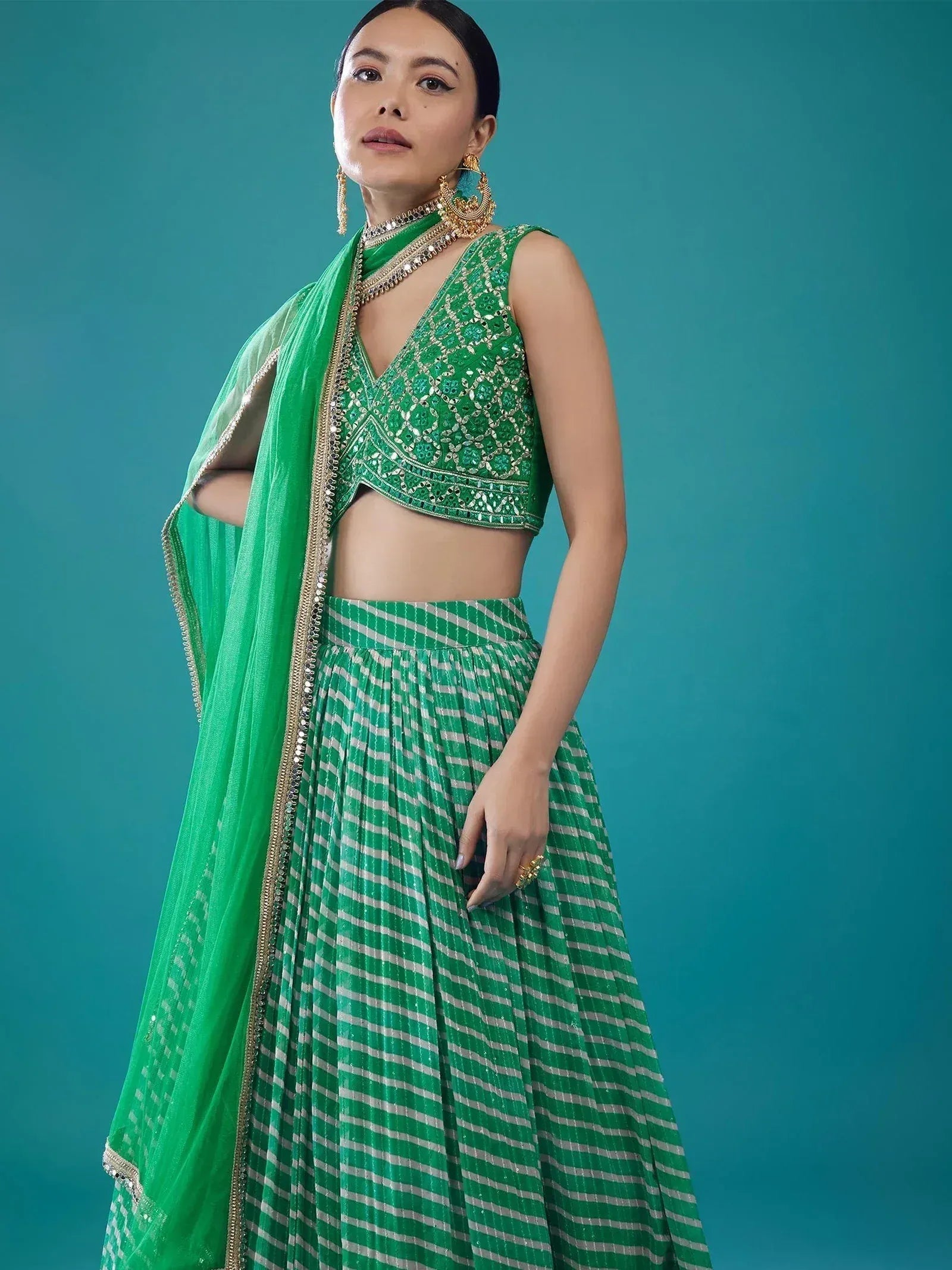 Tulsi Art Alluring Green Digital Printed Organza Festival Wear Lehenga Choli | Grocsy
