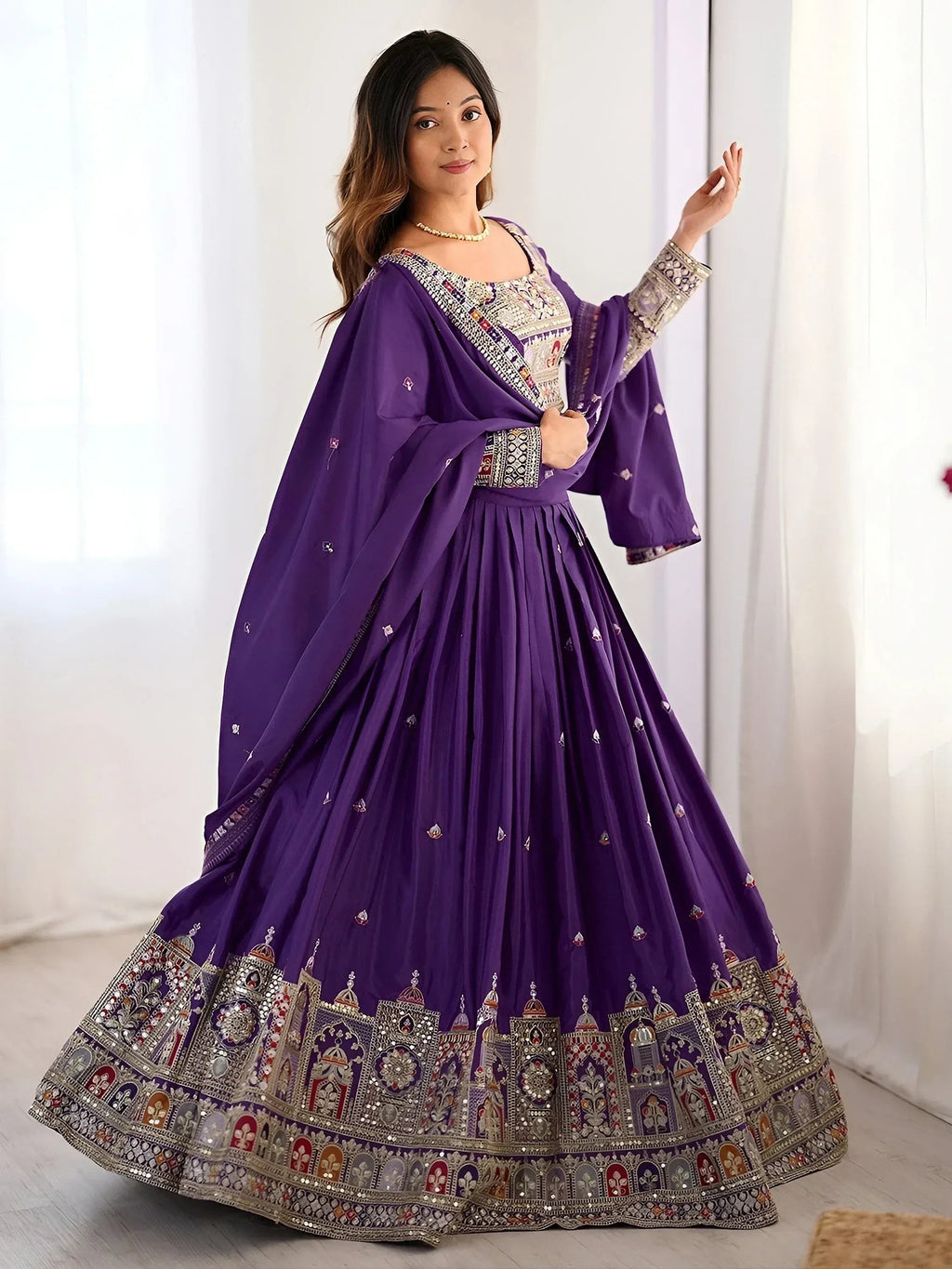Tulsi Art Fantastic Purple Thread Embroidered Crepe Lehenga Choli With Dupatta | Grocsy