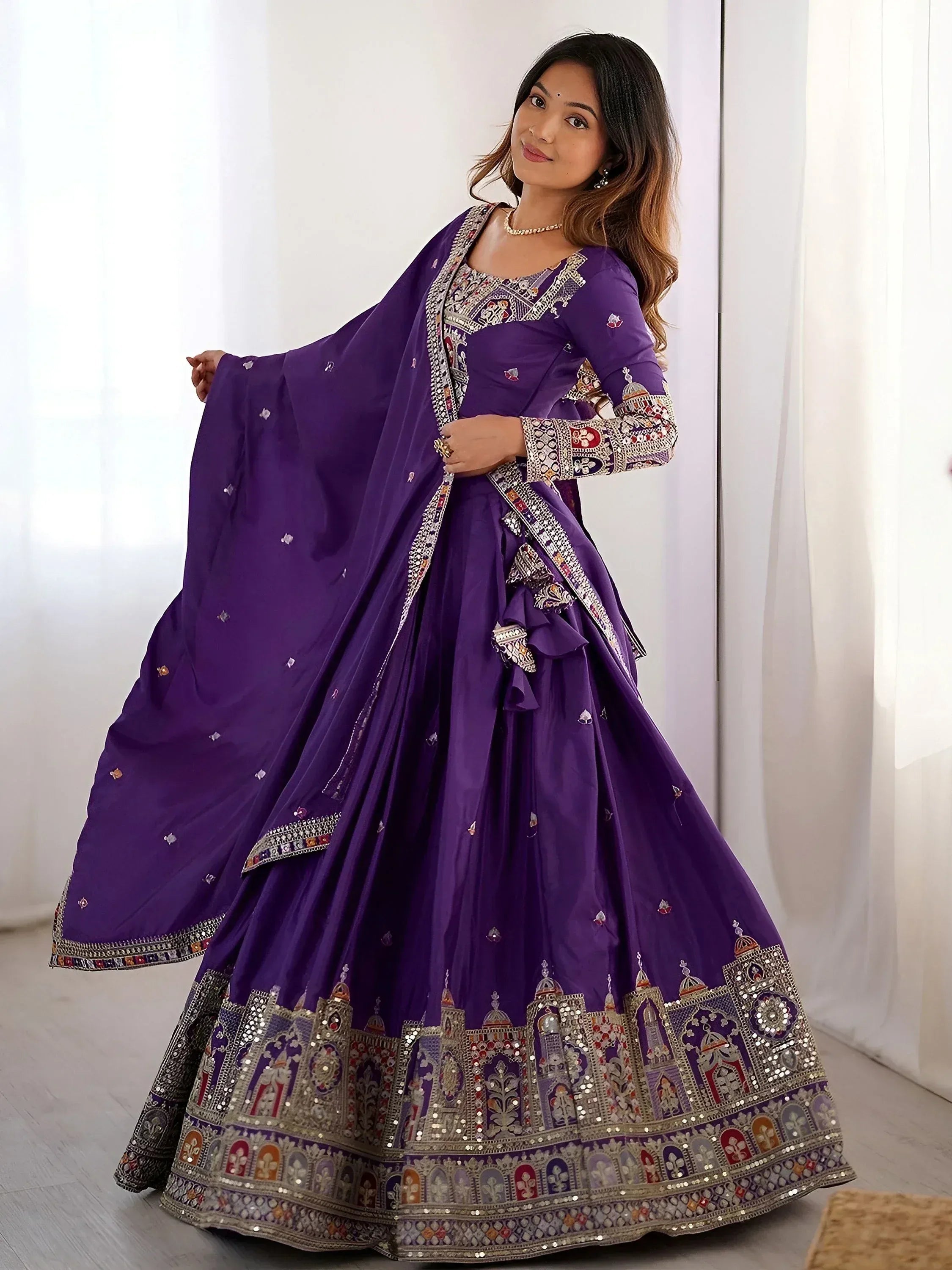 Tulsi Art Fantastic Purple Thread Embroidered Crepe Lehenga Choli With Dupatta | Grocsy