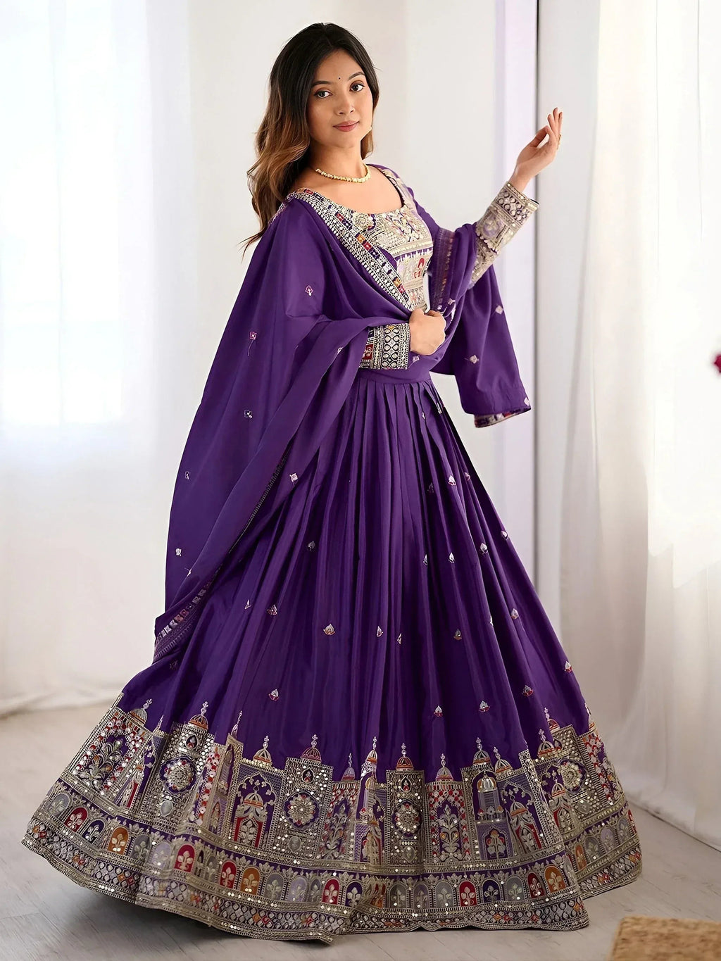 Tulsi Art Fantastic Purple Thread Embroidered Crepe Lehenga Choli With Dupatta | Grocsy