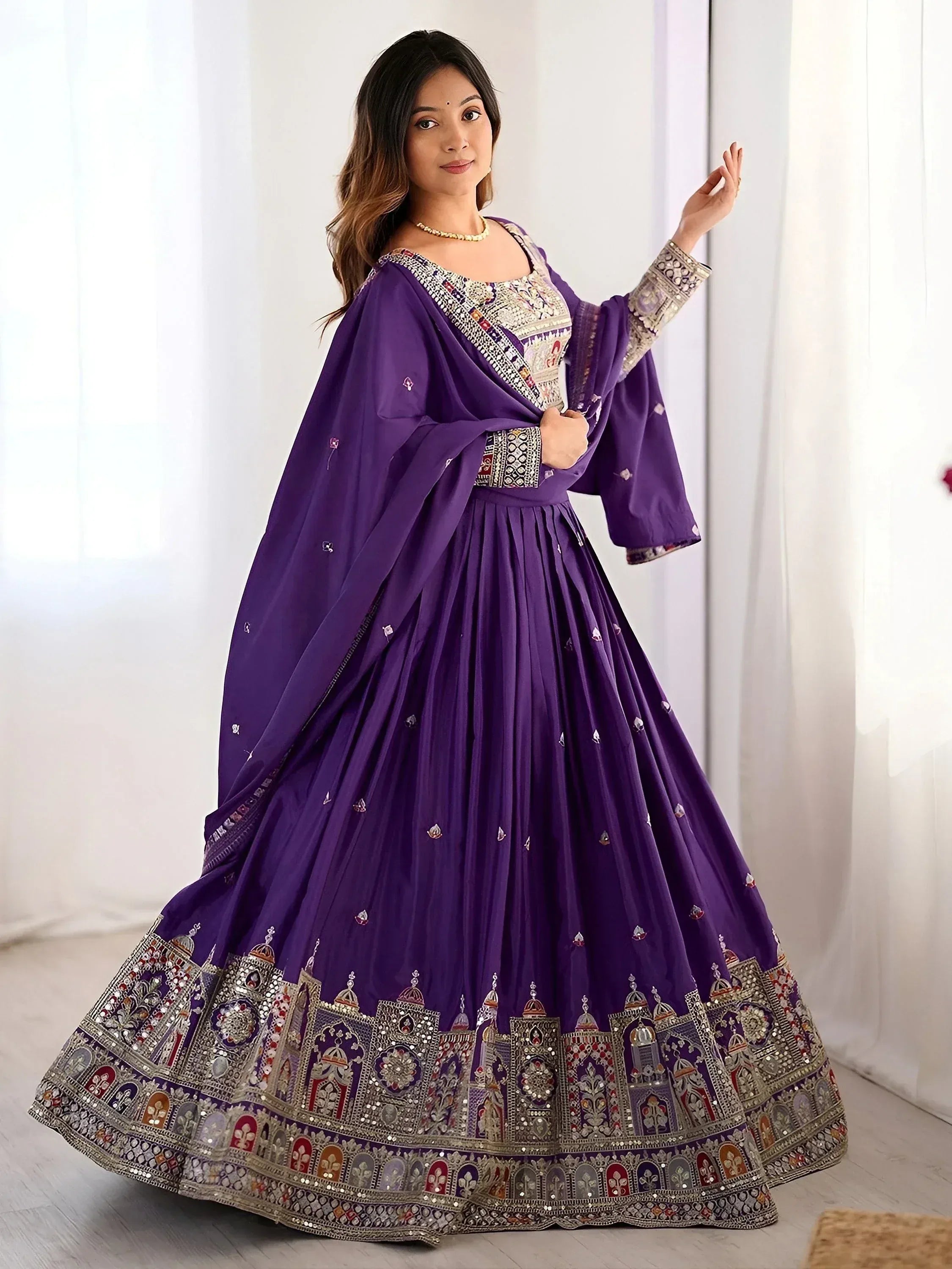 Tulsi Art Fantastic Purple Thread Embroidered Crepe Lehenga Choli With Dupatta | Grocsy