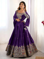 Tulsi Art Fantastic Purple Thread Embroidered Crepe Lehenga Choli With Dupatta | Grocsy