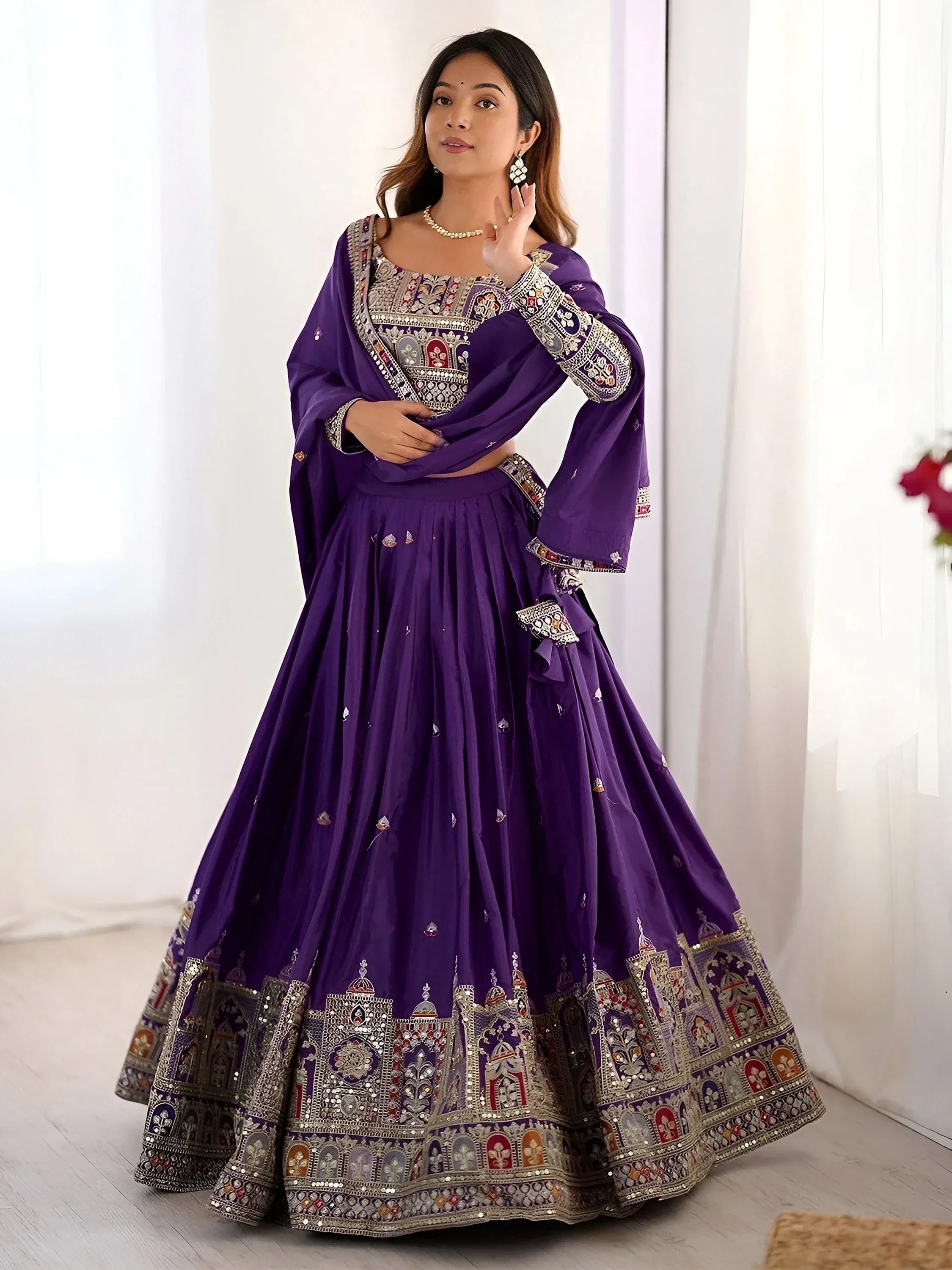 Tulsi Art Fantastic Purple Thread Embroidered Crepe Lehenga Choli With Dupatta | Grocsy