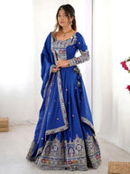 Tulsi Art Magnificent Royal Blue Thread Work Crepe Wedding Lehenga Choli With Dupatta | Grocsy