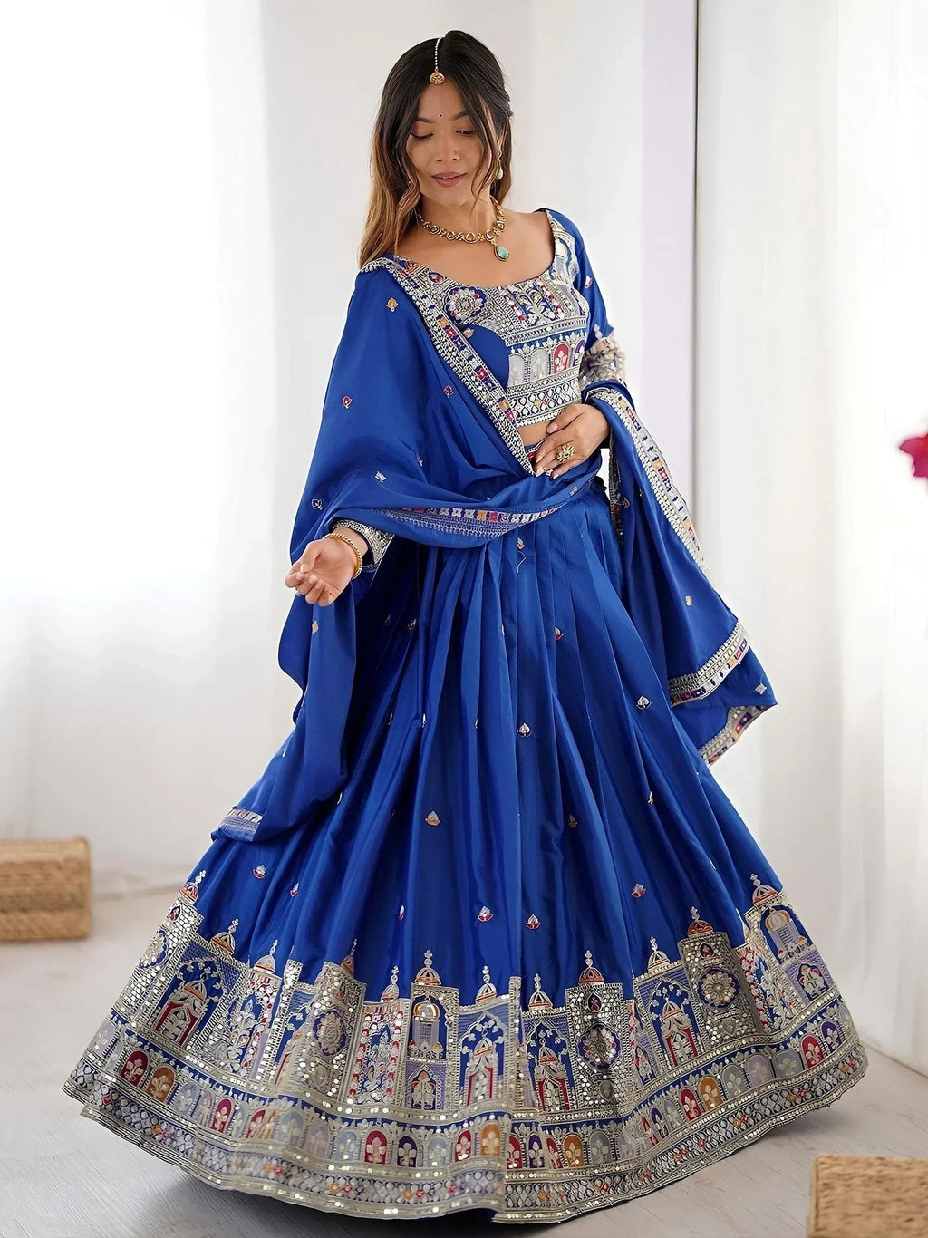 Tulsi Art Magnificent Royal Blue Thread Work Crepe Wedding Lehenga Choli With Dupatta | Grocsy