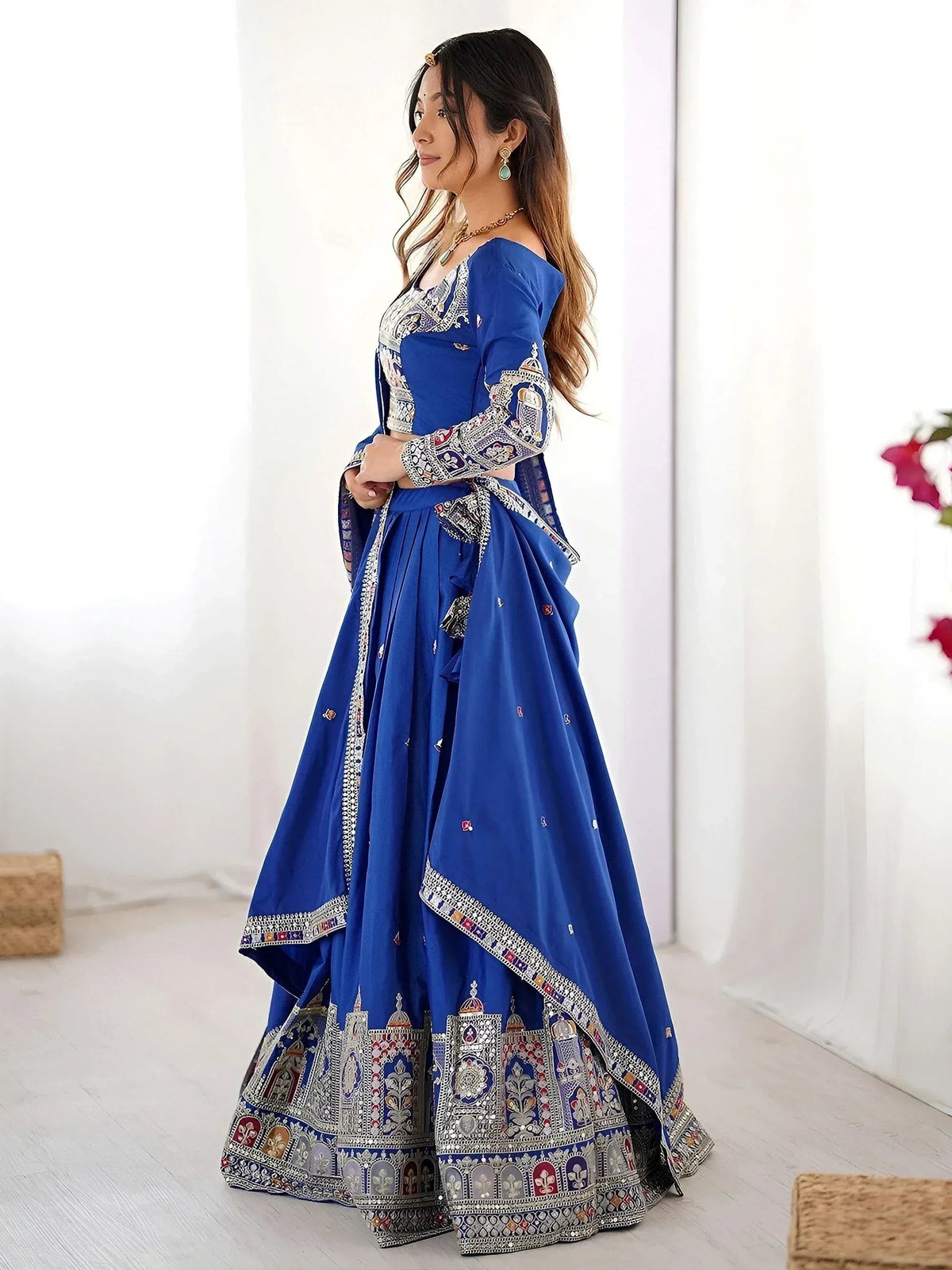 Tulsi Art Magnificent Royal Blue Thread Work Crepe Wedding Lehenga Choli With Dupatta | Grocsy