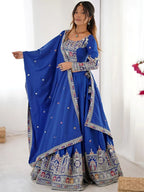 Tulsi Art Magnificent Royal Blue Thread Work Crepe Wedding Lehenga Choli With Dupatta | Grocsy