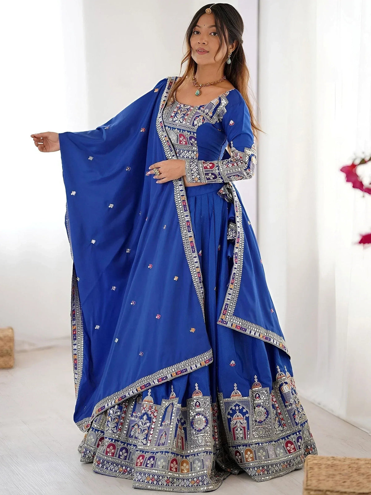 Tulsi Art Magnificent Royal Blue Thread Work Crepe Wedding Lehenga Choli With Dupatta | Grocsy