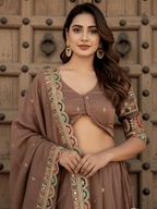 Tulsi Art Precious Beige Thread Work Silk Festival Wear Lehenga Choli With Dupatta | Grocsy