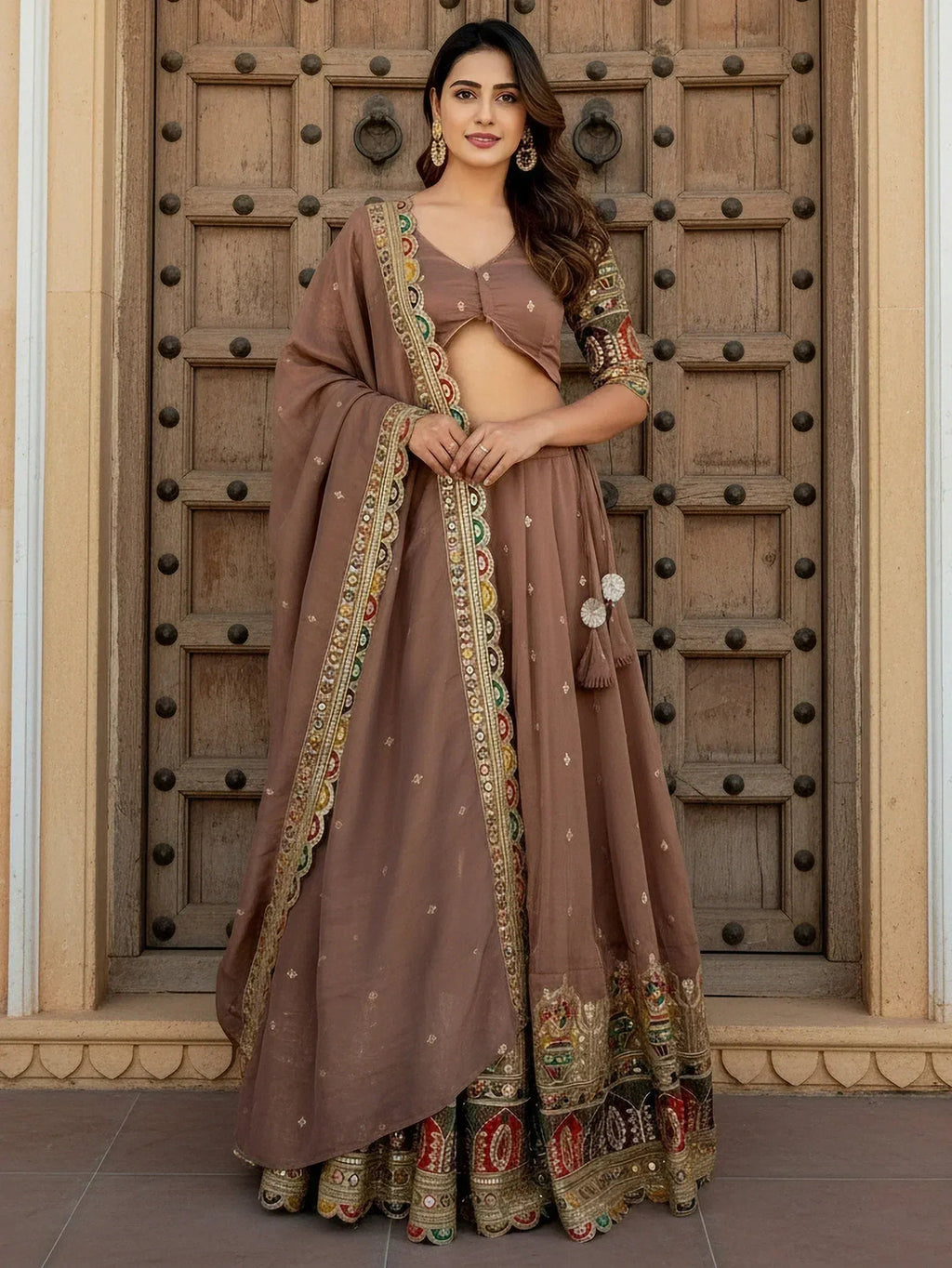 Tulsi Art Precious Beige Thread Work Silk Festival Wear Lehenga Choli With Dupatta | Grocsy