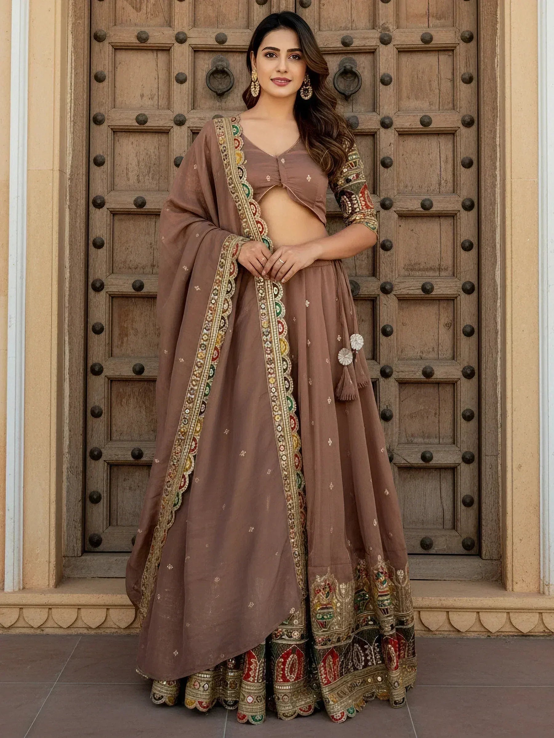 Tulsi Art Precious Beige Thread Work Silk Festival Wear Lehenga Choli With Dupatta | Grocsy