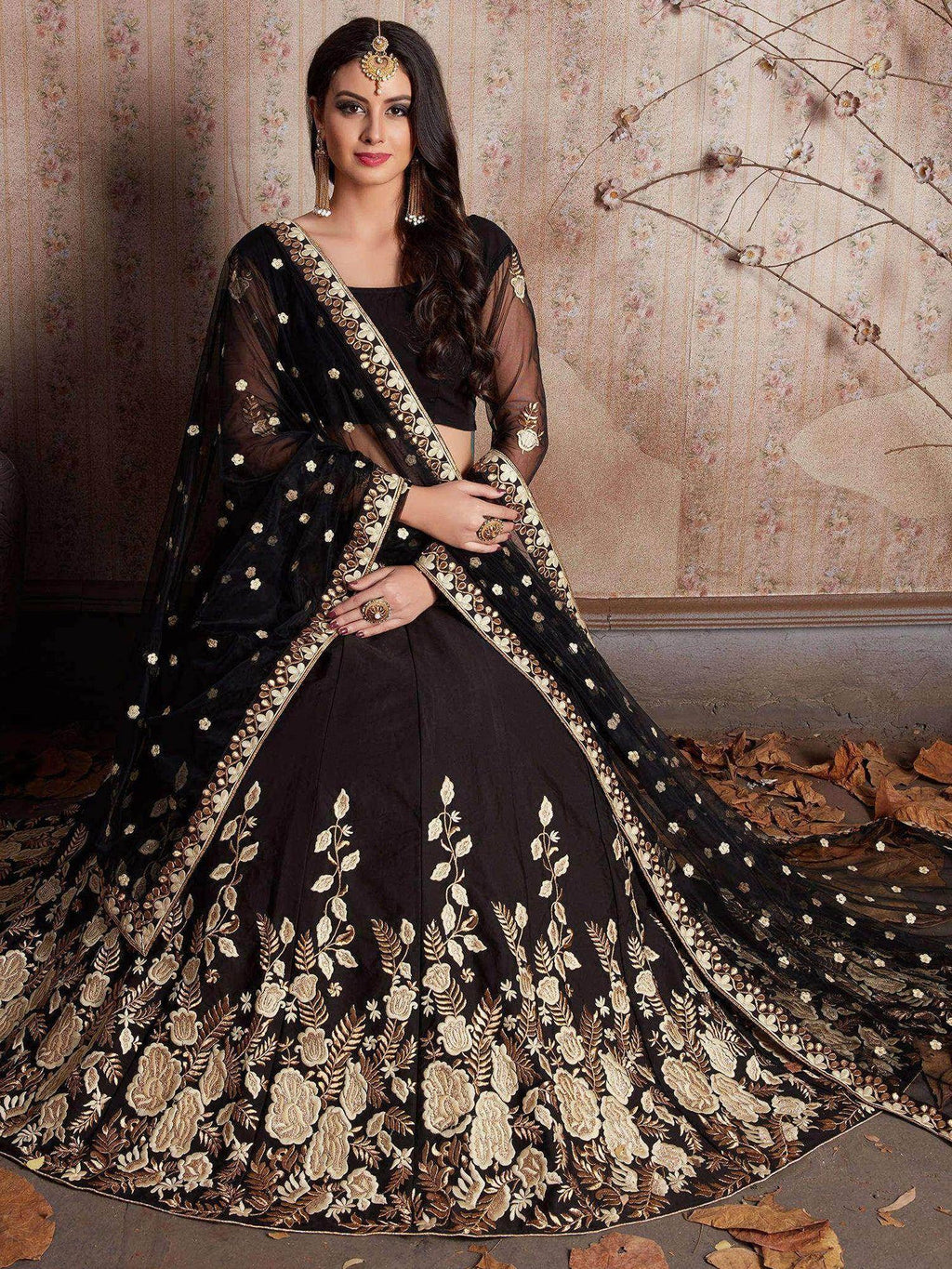 Tulsi Art Black Embroidered Crepe Silk Lehenga Choli | Grocsy