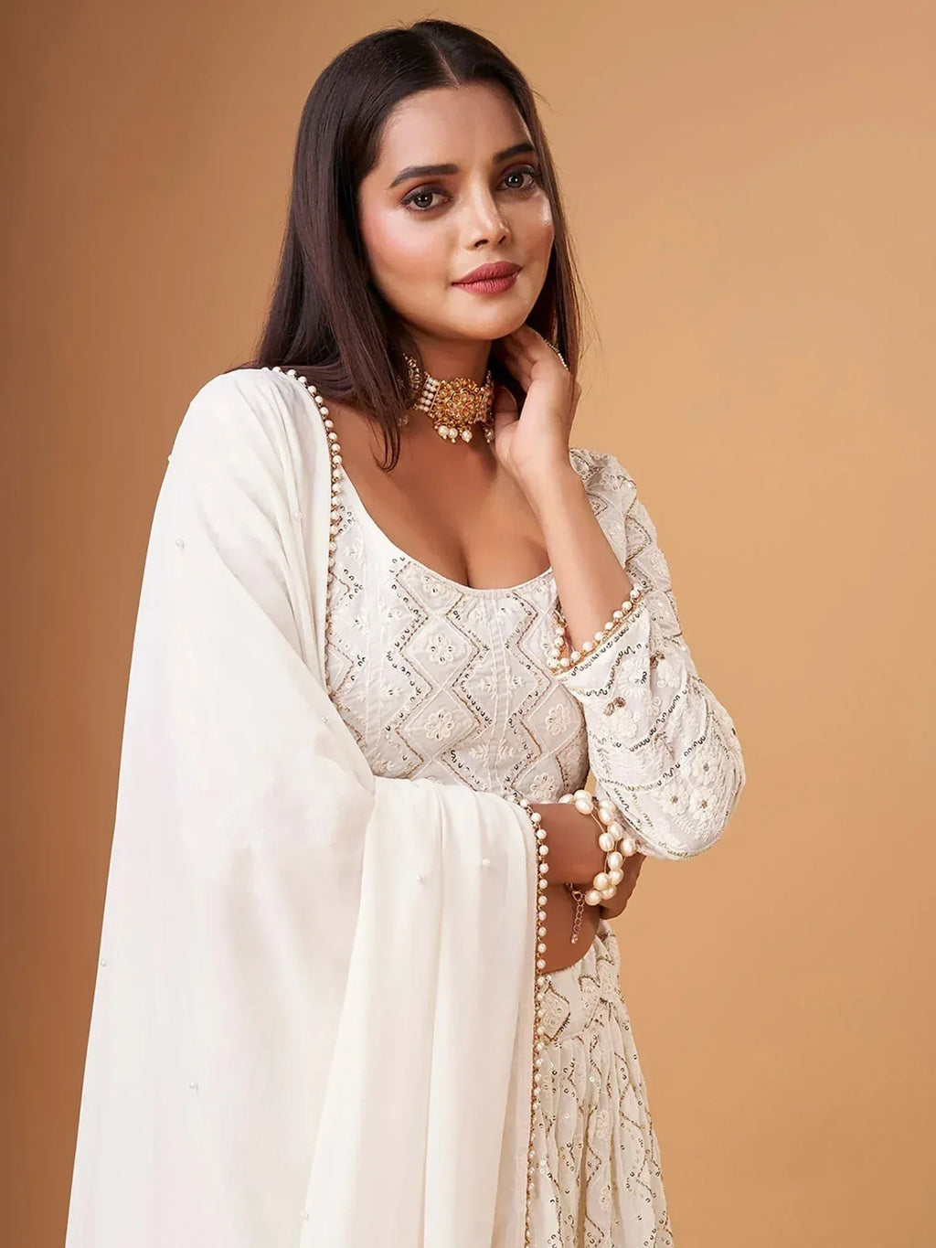 Tulsi Art Fascinating White Thread Work Georgette Bridesmaid Lehenga Choli | Grocsy