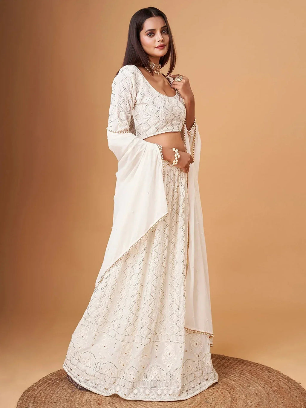 Tulsi Art Fascinating White Thread Work Georgette Bridesmaid Lehenga Choli | Grocsy