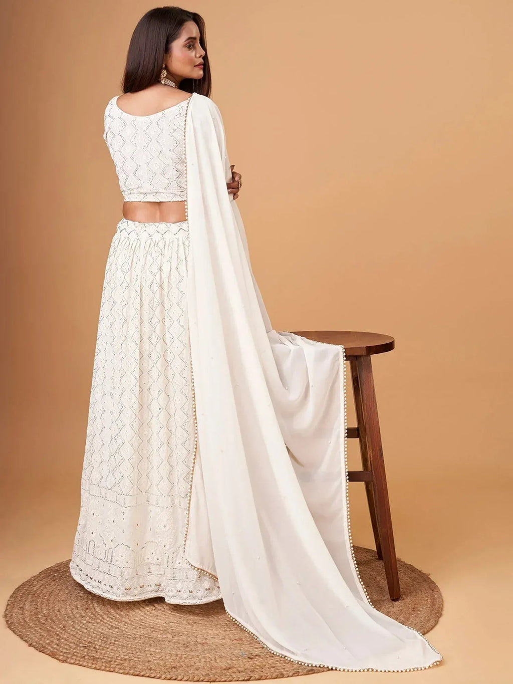 Tulsi Art Fascinating White Thread Work Georgette Bridesmaid Lehenga Choli | Grocsy