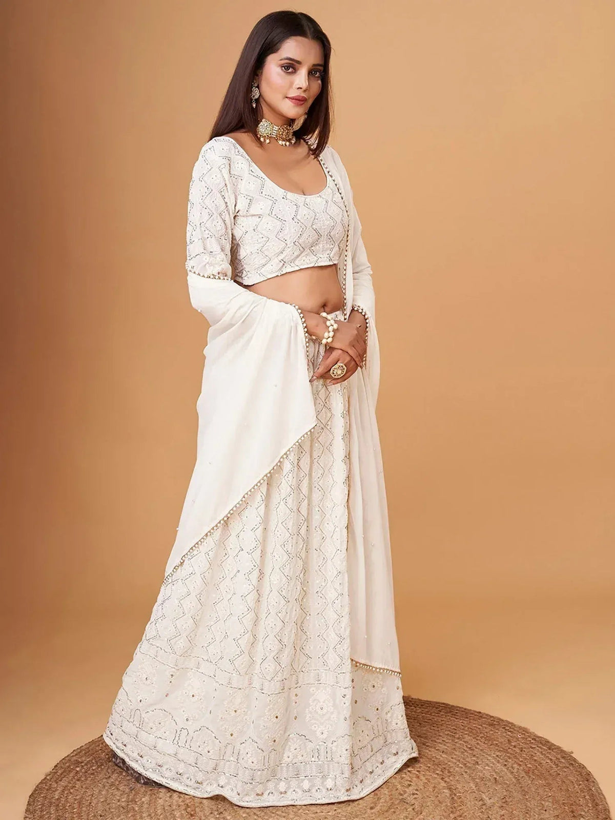 Tulsi Art Fascinating White Thread Work Georgette Bridesmaid Lehenga Choli | Grocsy