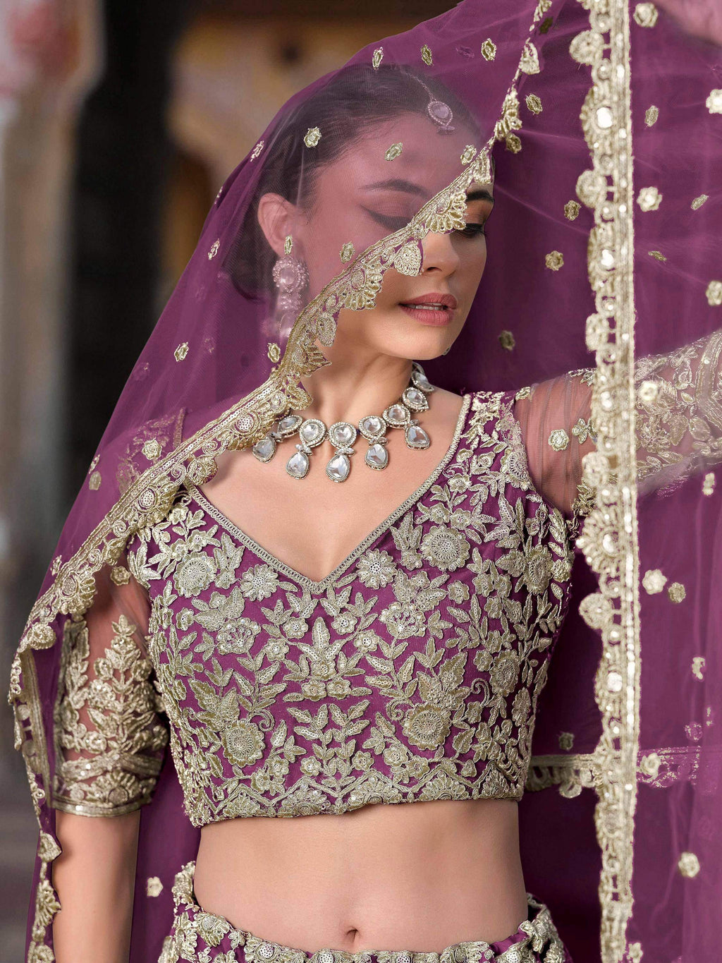 Tulsi Art Lovable Purple Embroidered Net Engagement Wear Lehenga Choli | Grocsy