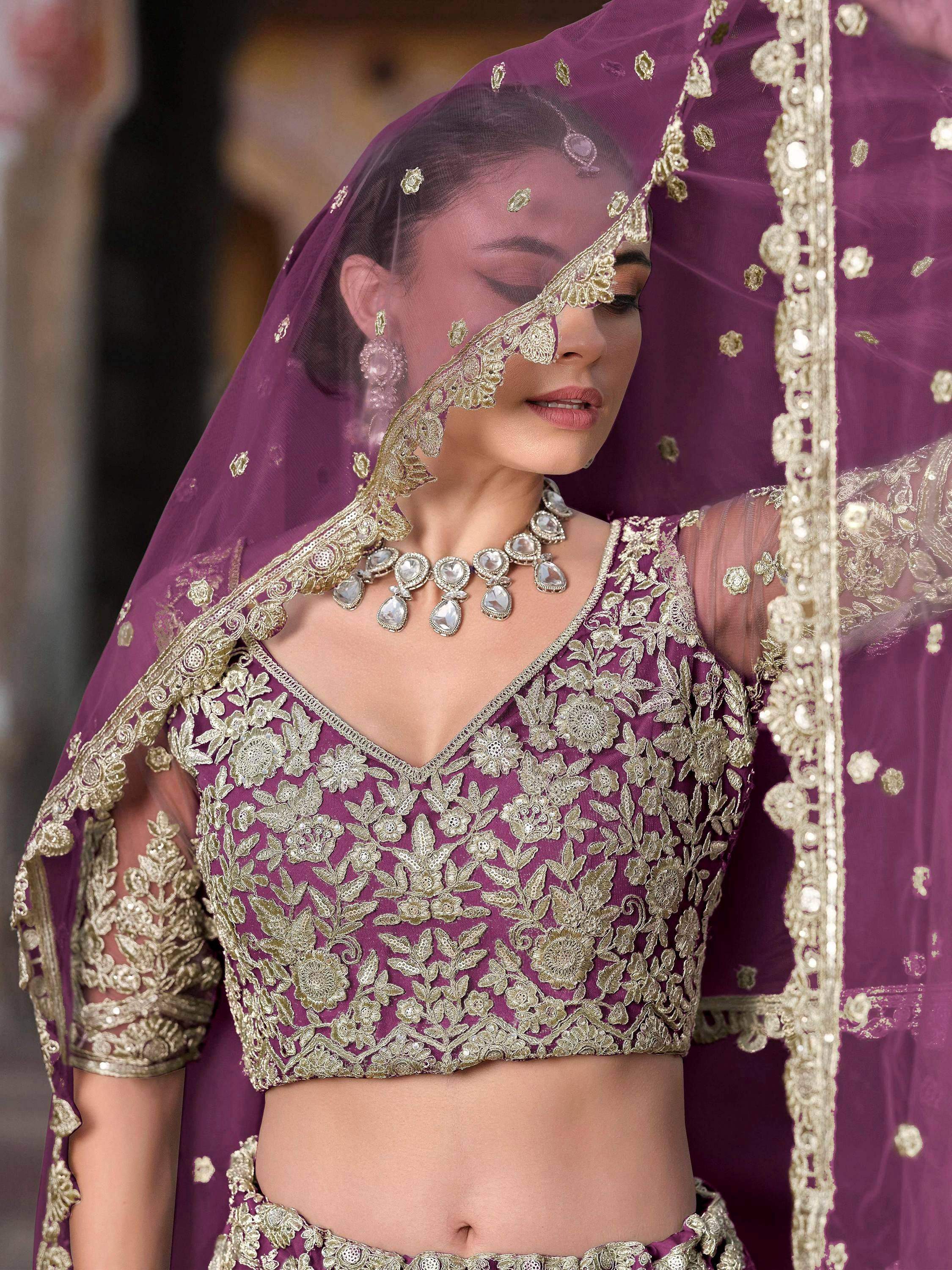 Tulsi Art Lovable Purple Embroidered Net Engagement Wear Lehenga Choli | Grocsy