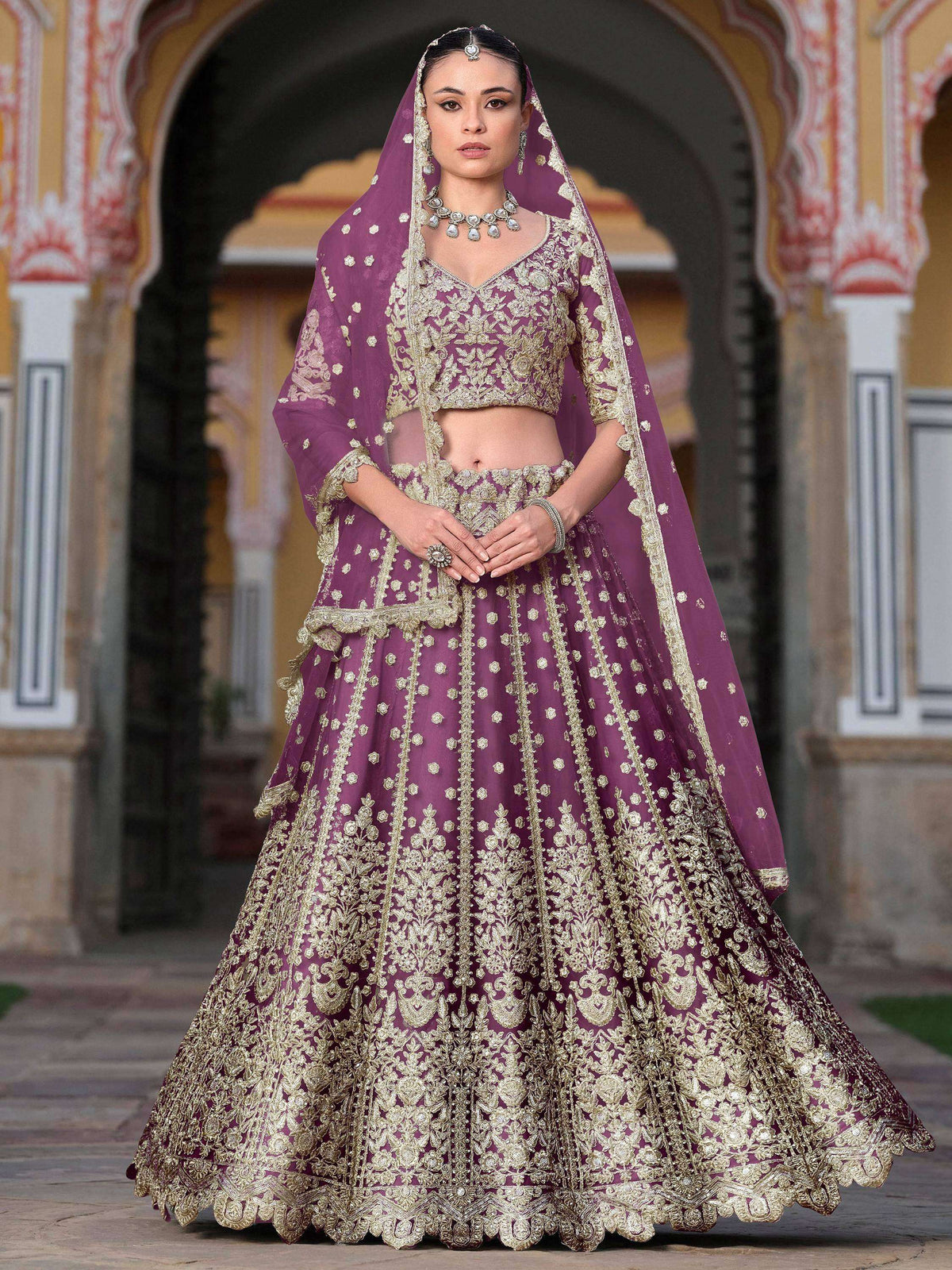 Tulsi Art Lovable Purple Embroidered Net Engagement Wear Lehenga Choli | Grocsy