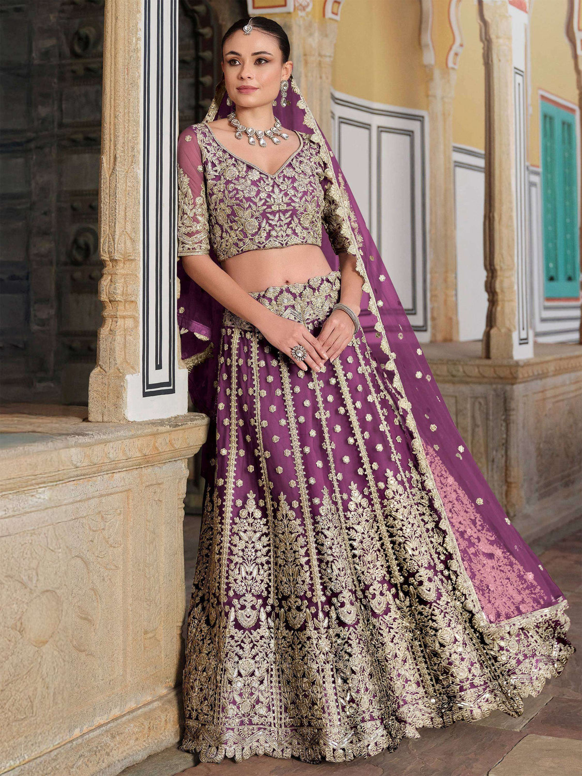 Tulsi Art Lovable Purple Embroidered Net Engagement Wear Lehenga Choli | Grocsy