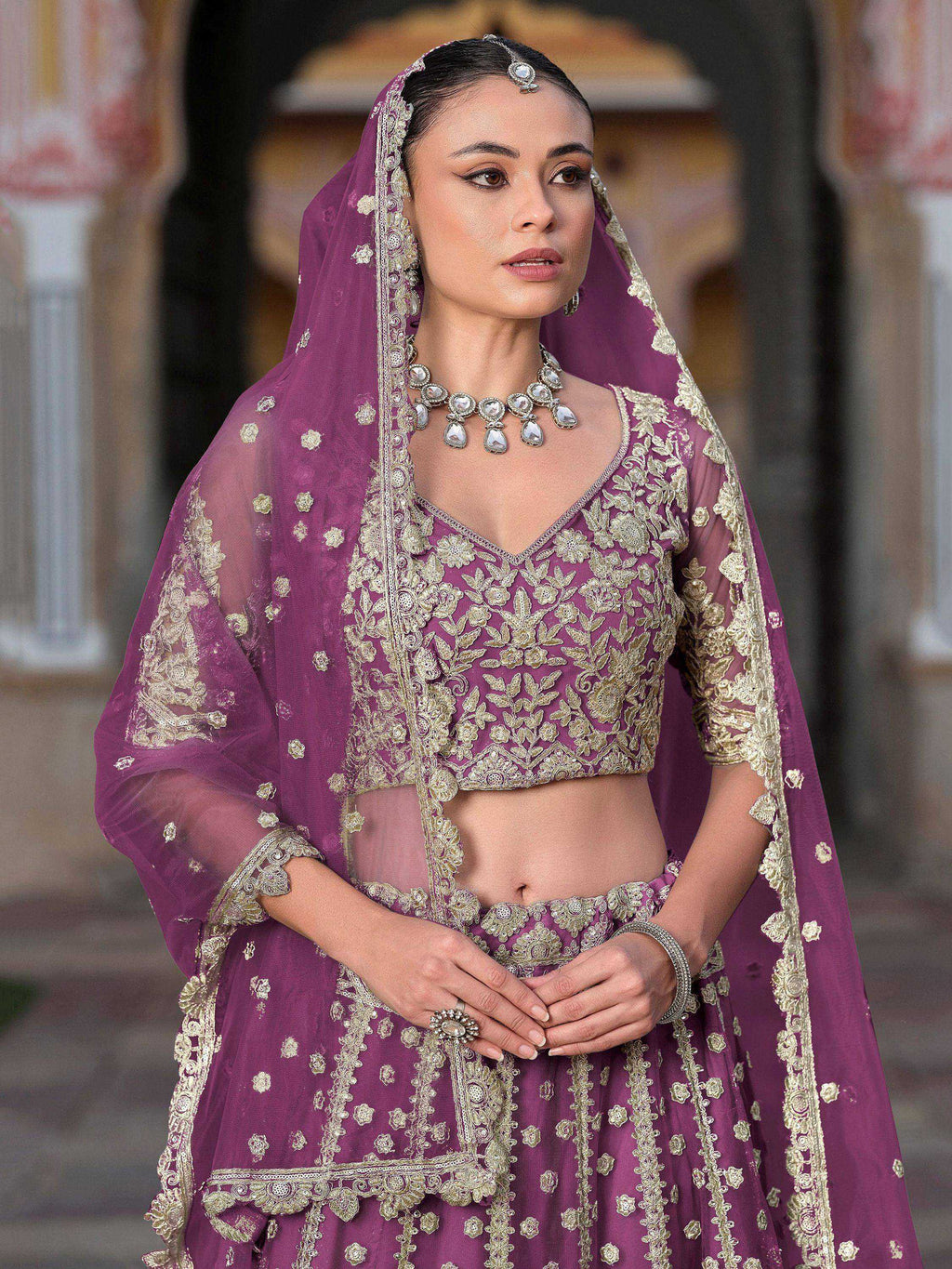 Tulsi Art Lovable Purple Embroidered Net Engagement Wear Lehenga Choli | Grocsy