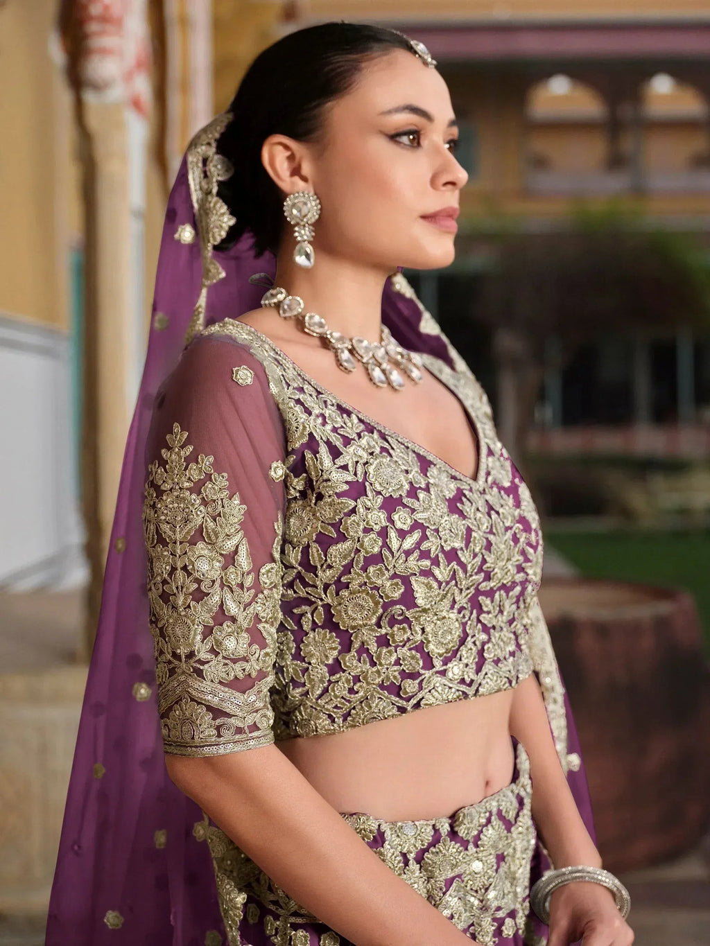Tulsi Art Lovable Purple Embroidered Net Engagement Wear Lehenga Choli | Grocsy