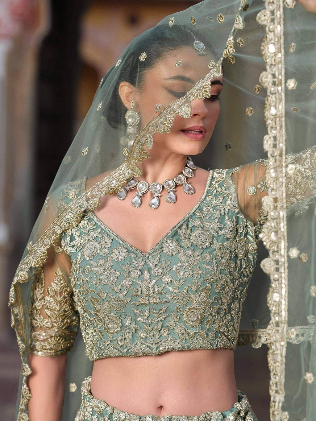 Tulsi Art Charming Pista Green Zari Work Net Bridesmaid Lehenga Choli With Dupatta | Grocsy