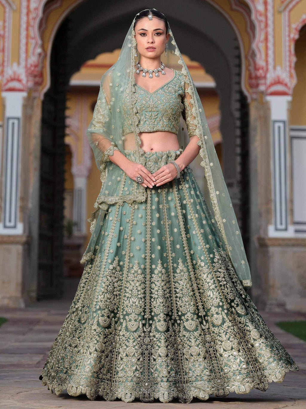 Tulsi Art Charming Pista Green Zari Work Net Bridesmaid Lehenga Choli With Dupatta | Grocsy