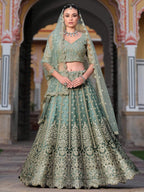 Tulsi Art Charming Pista Green Zari Work Net Bridesmaid Lehenga Choli With Dupatta | Grocsy