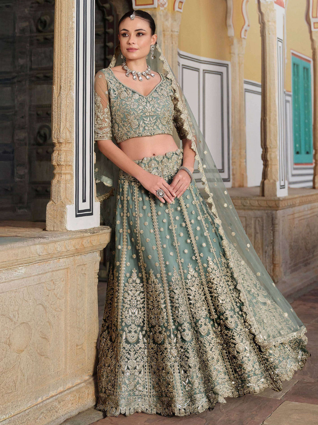 Tulsi Art Charming Pista Green Zari Work Net Bridesmaid Lehenga Choli With Dupatta | Grocsy