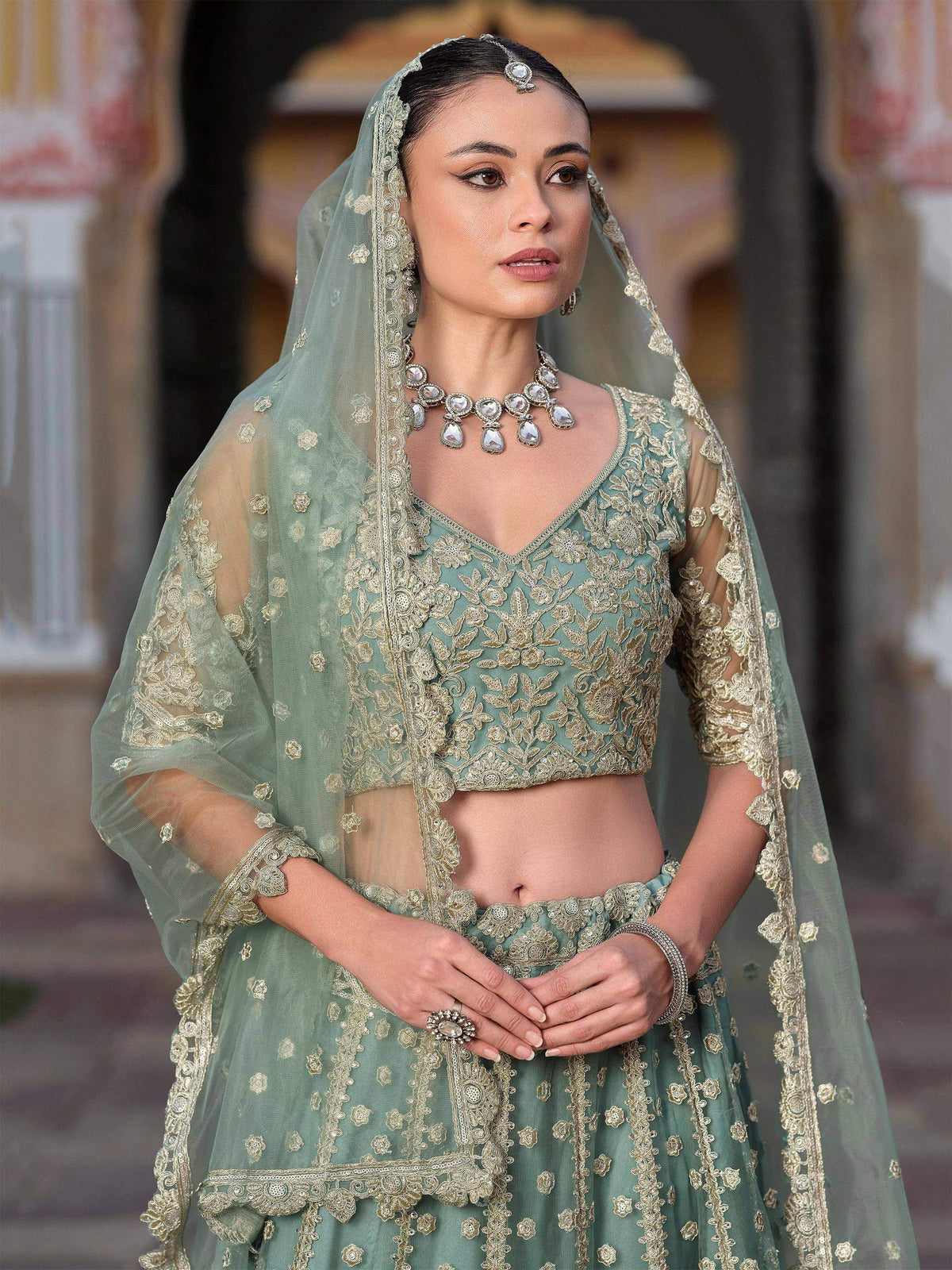 Tulsi Art Charming Pista Green Zari Work Net Bridesmaid Lehenga Choli With Dupatta | Grocsy