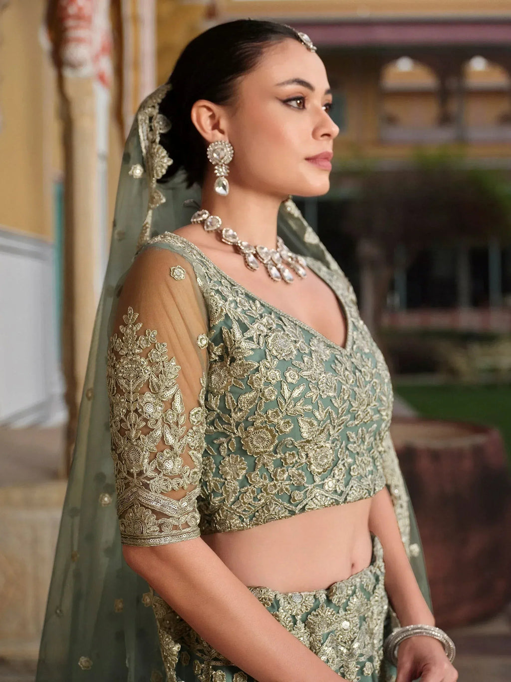 Tulsi Art Charming Pista Green Zari Work Net Bridesmaid Lehenga Choli With Dupatta | Grocsy