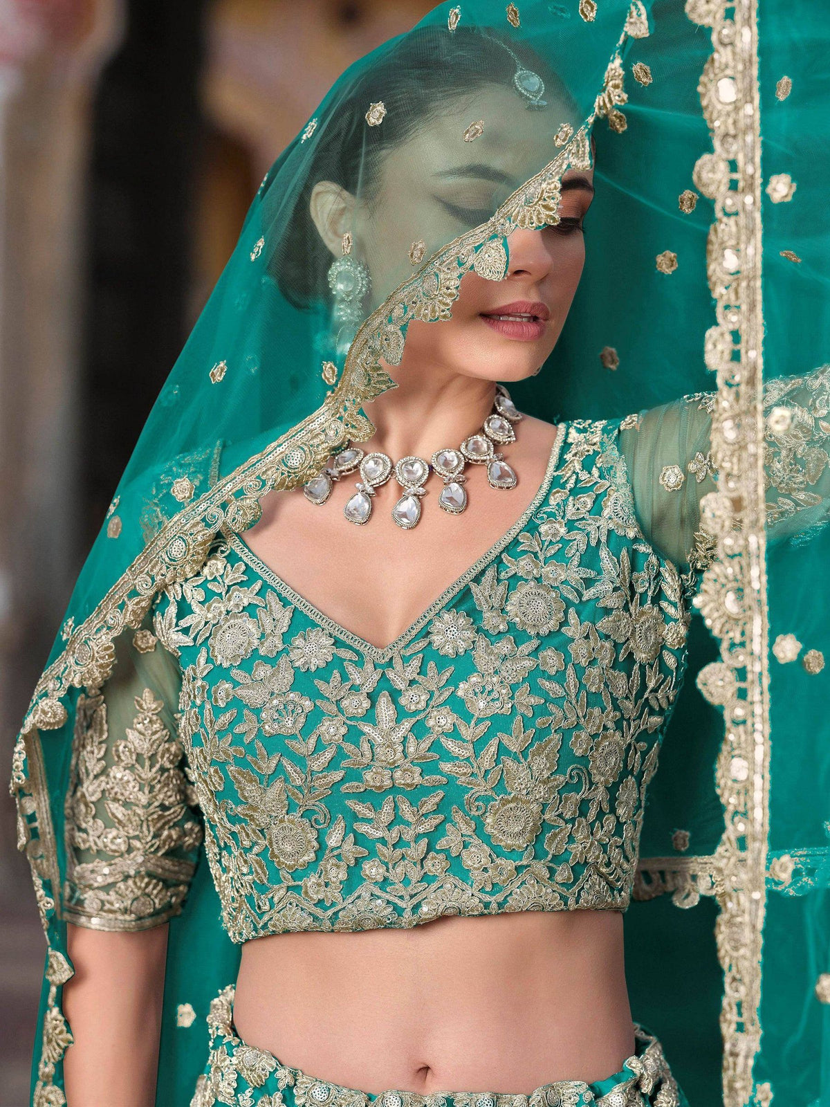 Tulsi Art Amazing Teal Green Sequins Net Wedding Lehenga Choli With Dupatta | Grocsy