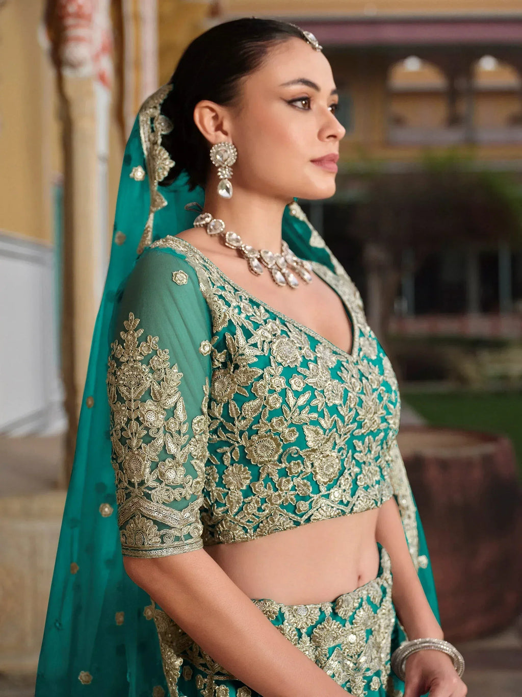 Tulsi Art Amazing Teal Green Sequins Net Wedding Lehenga Choli With Dupatta | Grocsy