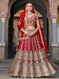 Tulsi Art Gorgeous Red Zari Work Net Bridal Wear Lehenga Choli With Dupatta | Grocsy
