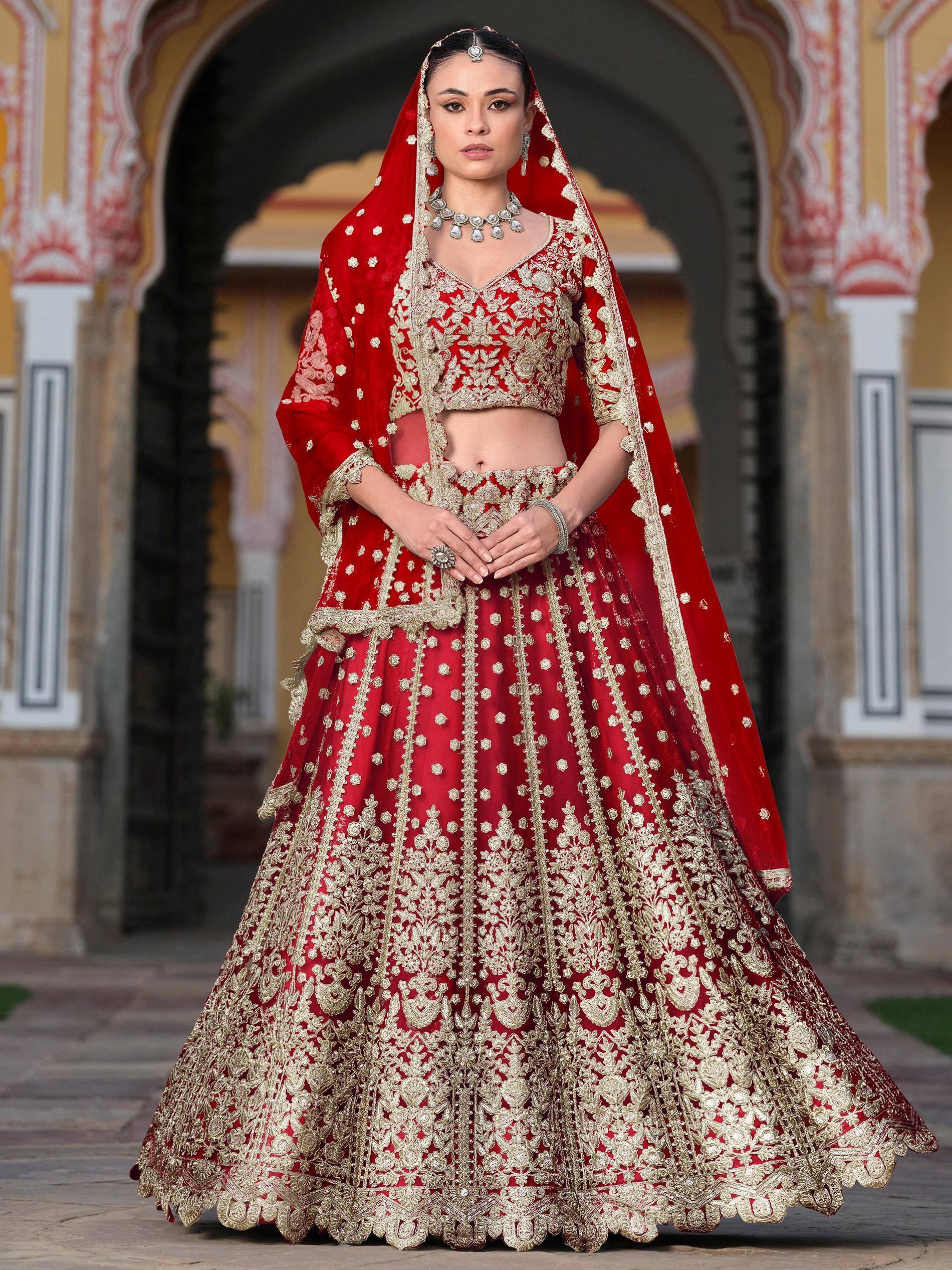 Tulsi Art Gorgeous Red Zari Work Net Bridal Wear Lehenga Choli With Dupatta | Grocsy