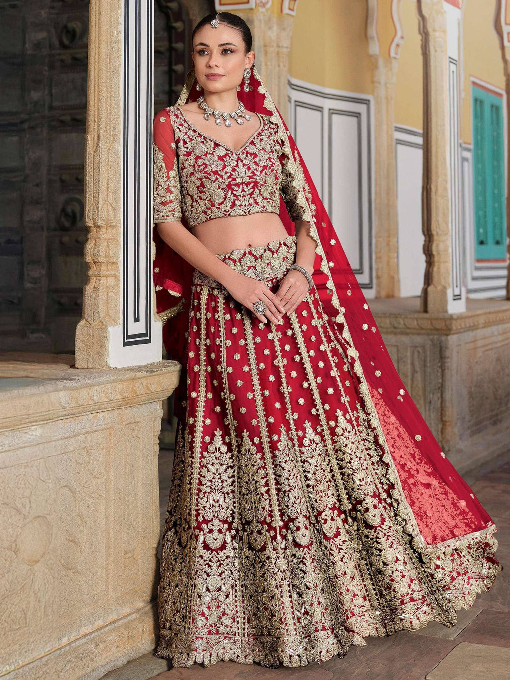 Tulsi Art Gorgeous Red Zari Work Net Bridal Wear Lehenga Choli With Dupatta | Grocsy