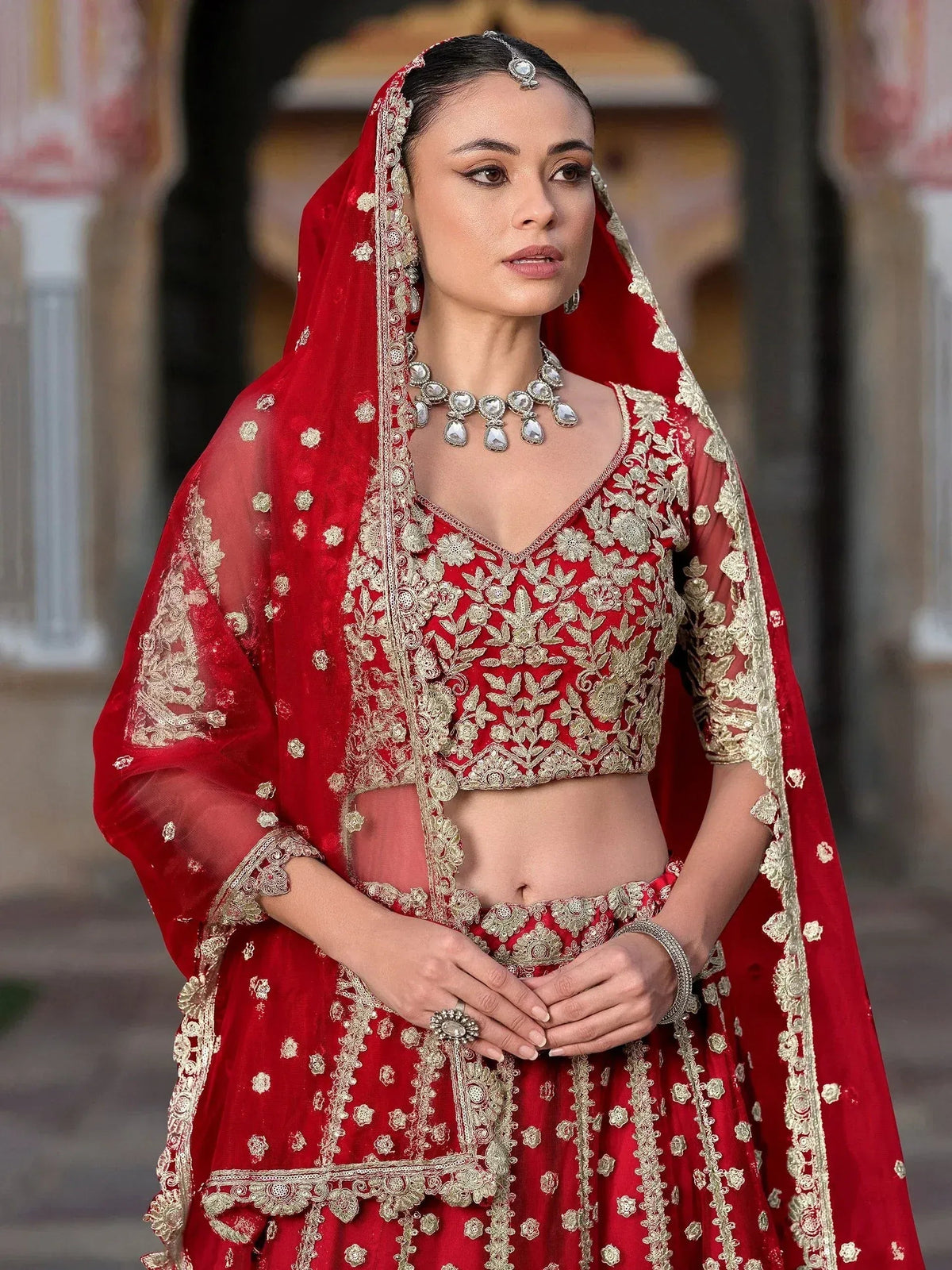 Tulsi Art Gorgeous Red Zari Work Net Bridal Wear Lehenga Choli With Dupatta | Grocsy