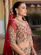 Tulsi Art Gorgeous Red Zari Work Net Bridal Wear Lehenga Choli With Dupatta | Grocsy