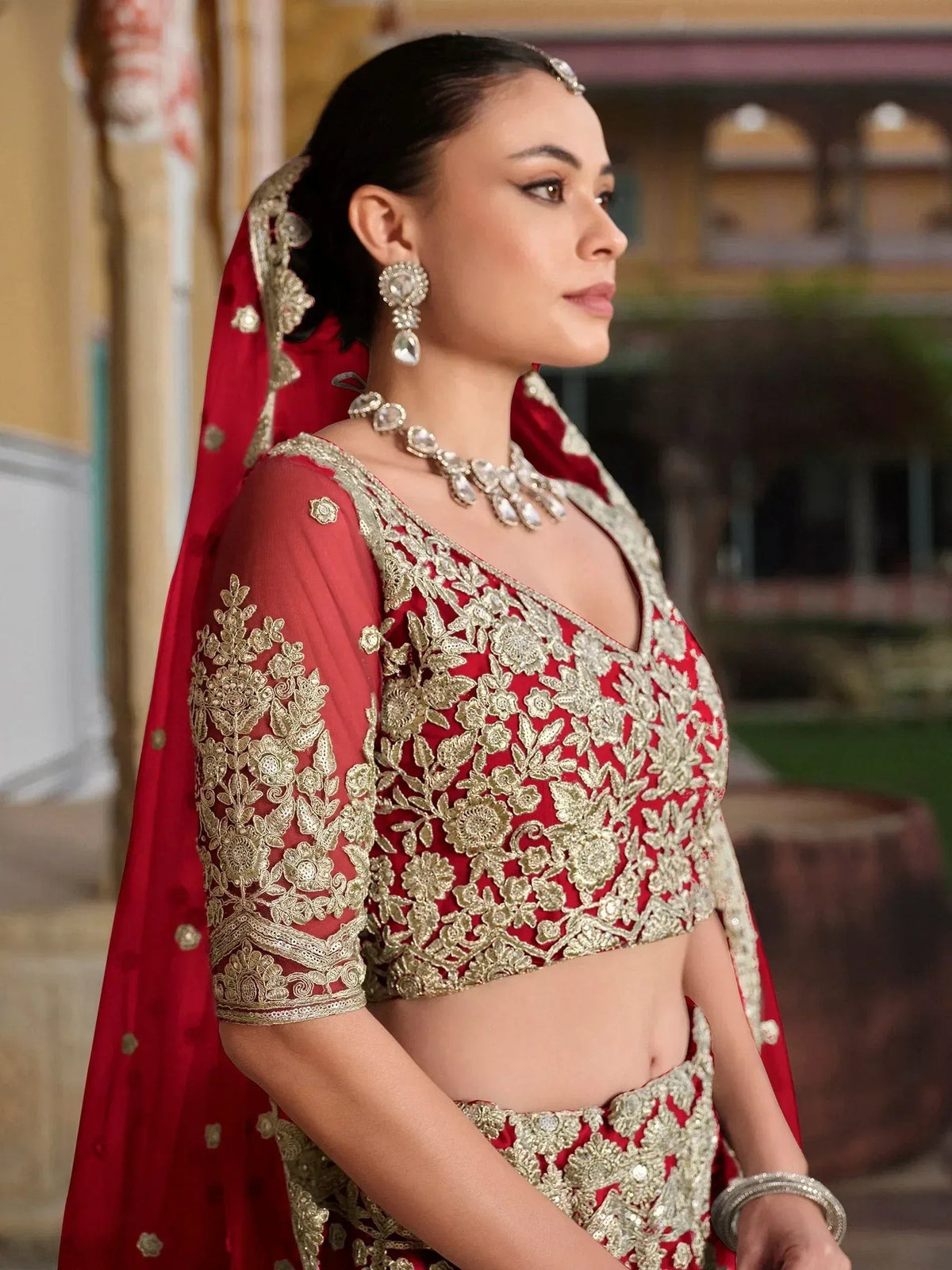 Tulsi Art Gorgeous Red Zari Work Net Bridal Wear Lehenga Choli With Dupatta | Grocsy