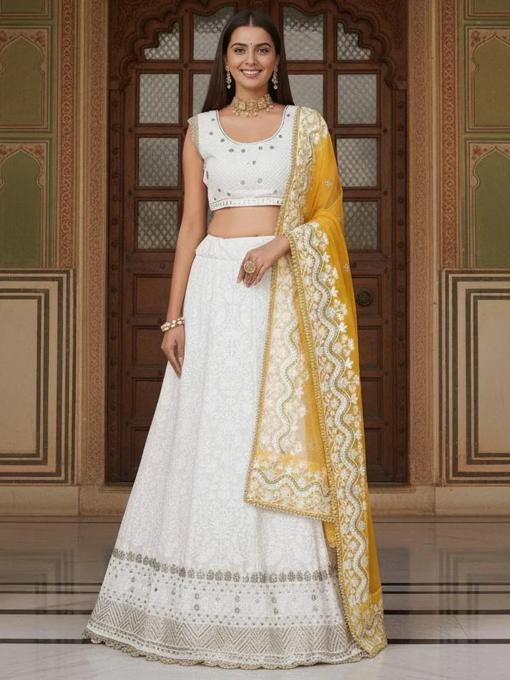 Tulsi Art Mesmerizing White Sequins Georgette Bollywood Lehenga Choli With Dupatta | Grocsy